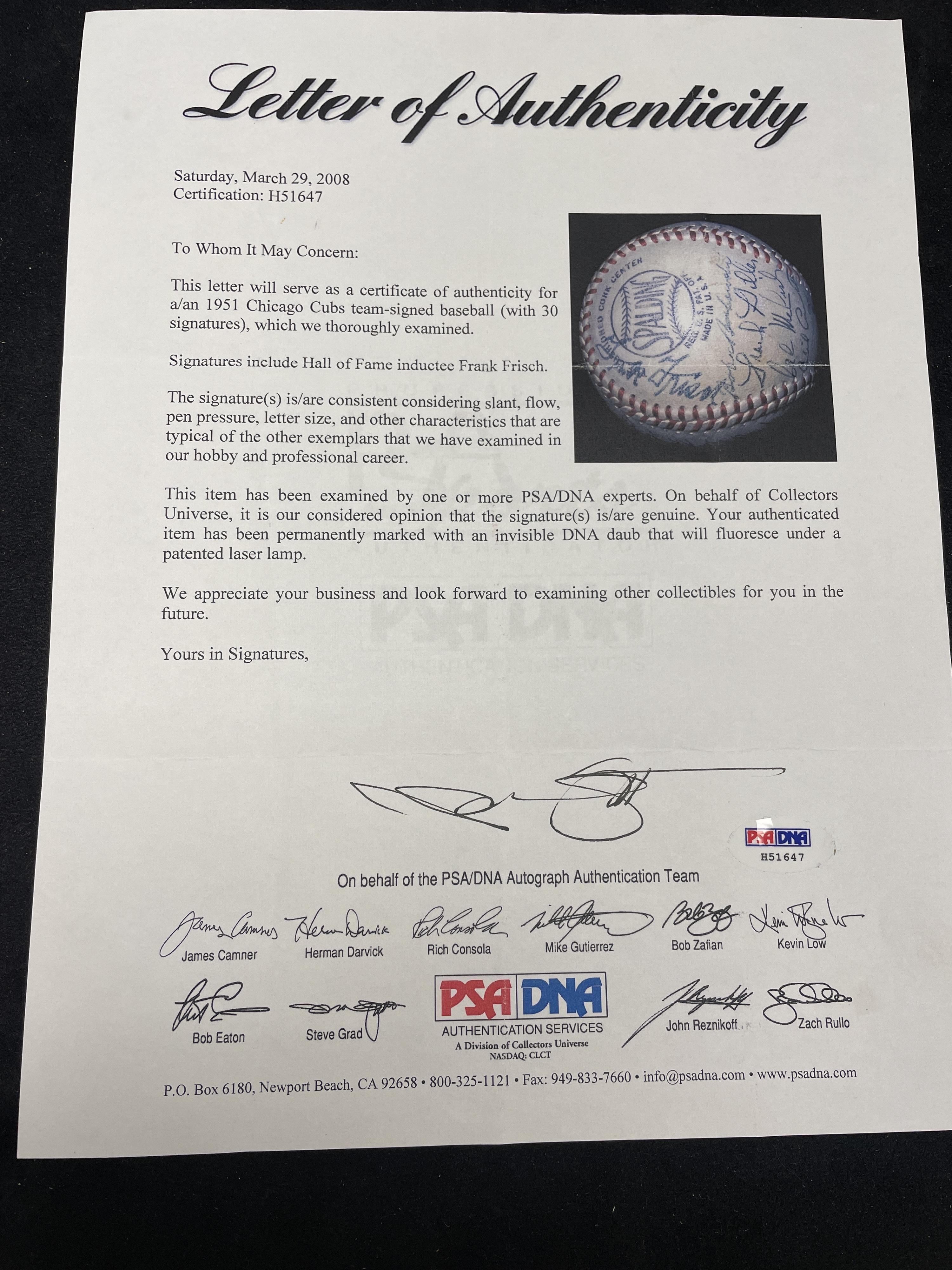 A 1951 Chicago Cubs Team Signed Autograph Baseball Featuring Frank Frisch (PSA Letter of Authenticity),