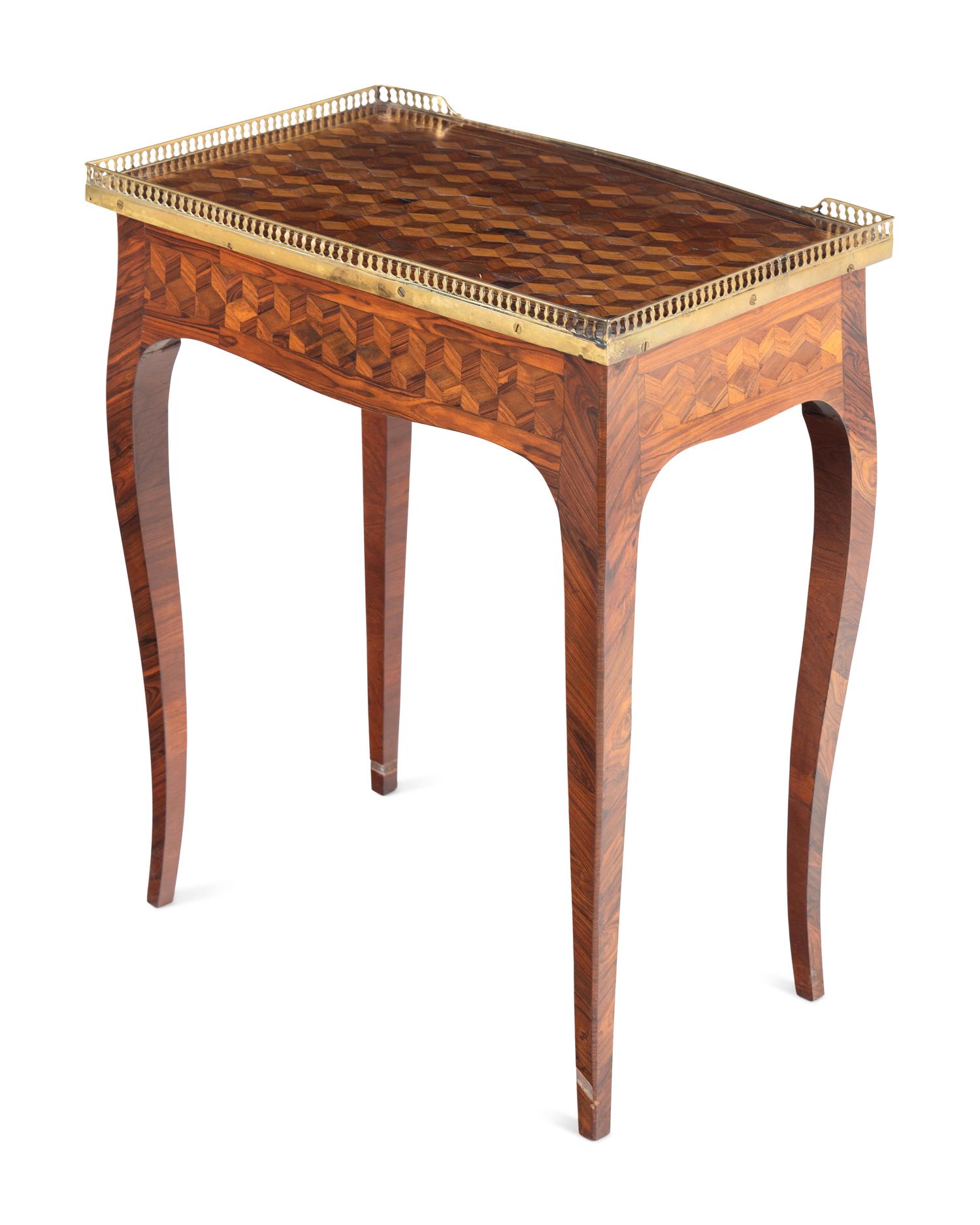 A Louis XV/XVI Transitional Style Brass Mounted Parquetry Side Table