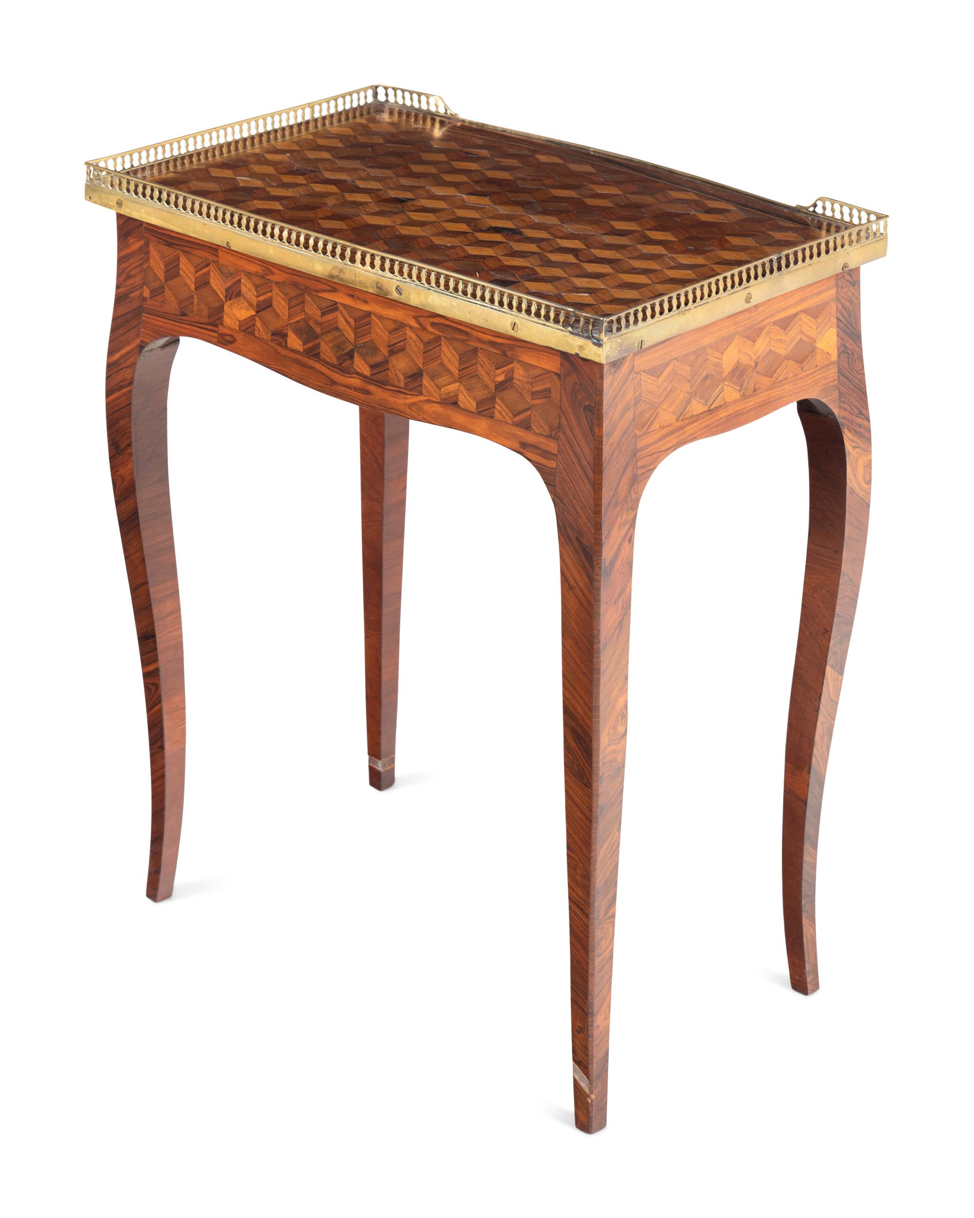 A Louis XV/XVI Transitional Style Brass Mounted Parquetry Side Table