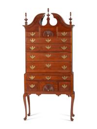 A Queen Anne Fan-Carved Cherrywood Bonnet-Top High Chest