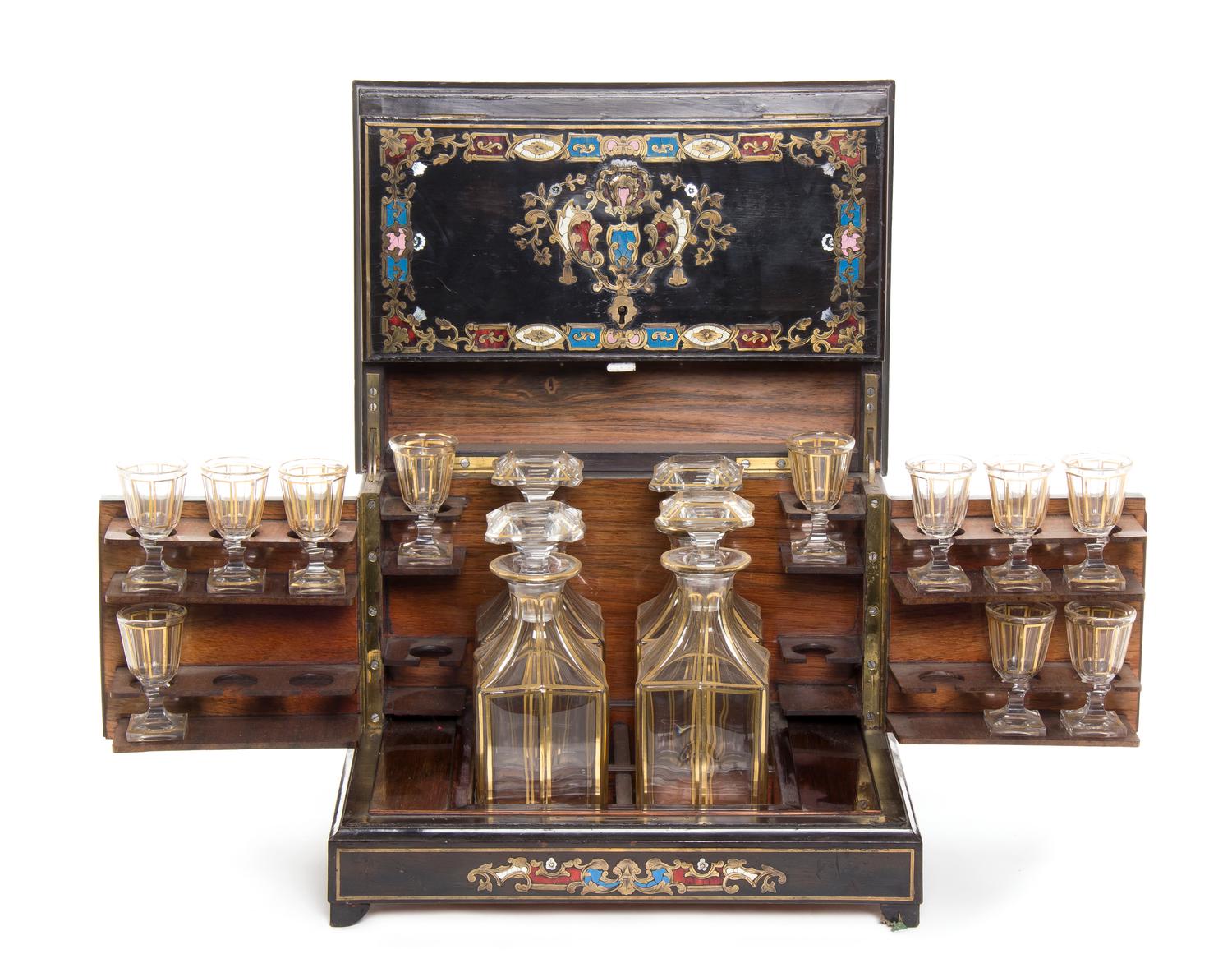 A Napoleon III Brass Inlaid and Enameled Ebony Cave a Liqueur, Width 13 inches.