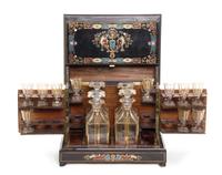 A Napoleon III Brass Inlaid and Enameled Ebony Cave a Liqueur, Width 13 inches.