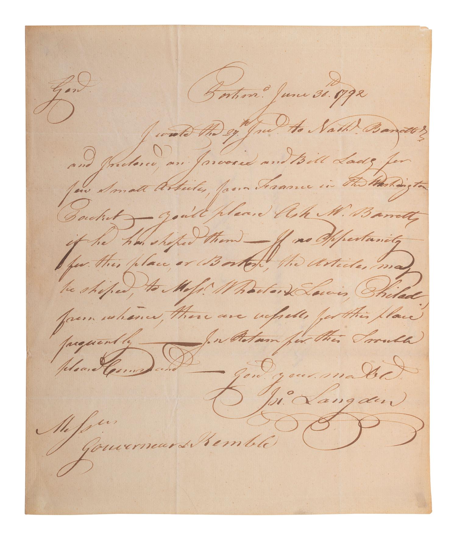 [SIGNER]. LANGDON, John (1741-1819). Autograph letter signed ("Jn. Langdon"), to Messrs. Gouverneur & Kemble. Portsmouth, 30 June 1792.