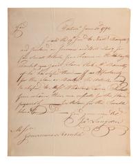 [SIGNER]. LANGDON, John (1741-1819). Autograph letter signed ("Jn. Langdon"), to Messrs. Gouverneur & Kemble. Portsmouth, 30 June 1792.