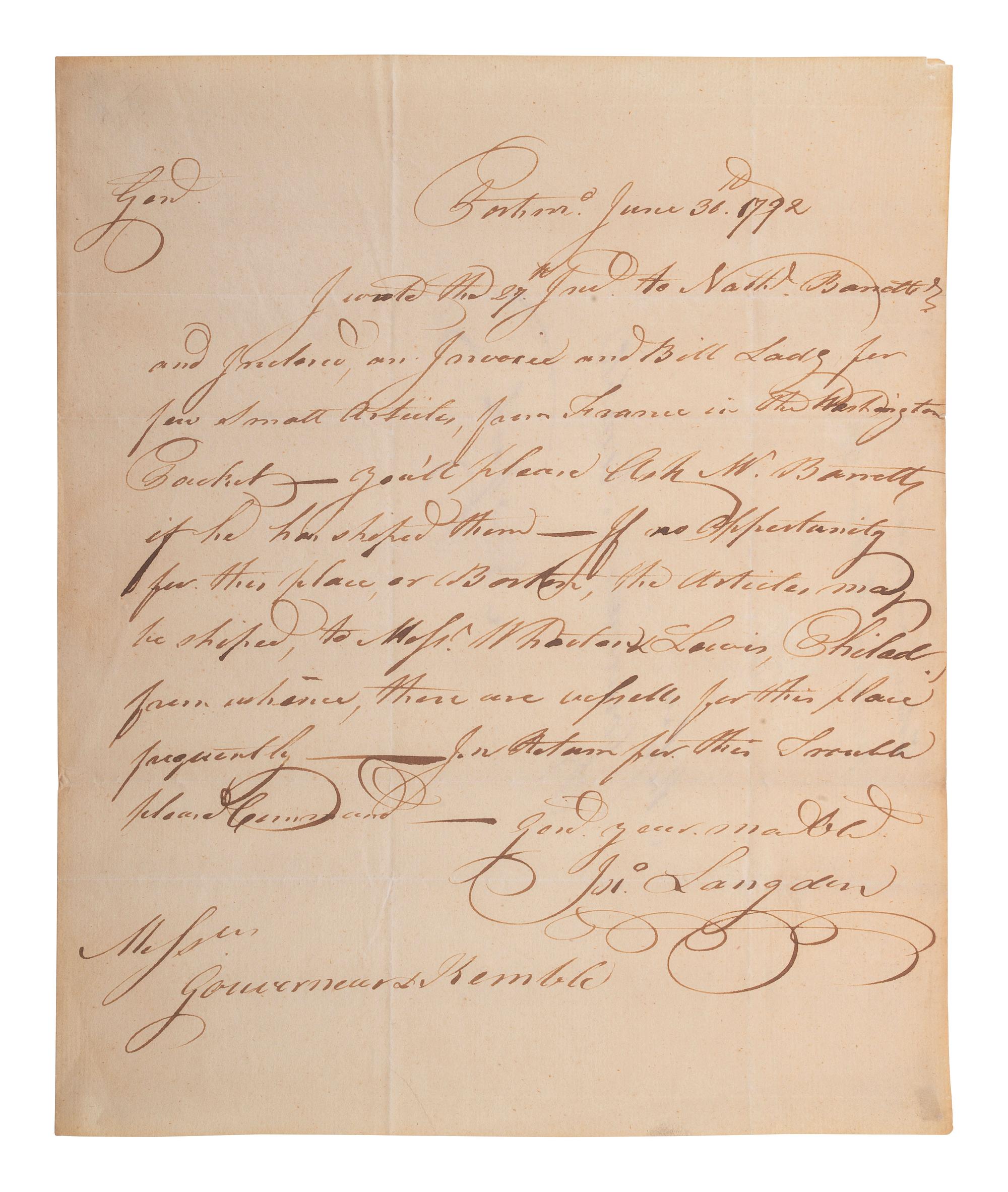 [SIGNER]. LANGDON, John (1741-1819). Autograph letter signed ("Jn. Langdon"), to Messrs. Gouverneur & Kemble. Portsmouth, 30 June 1792.
