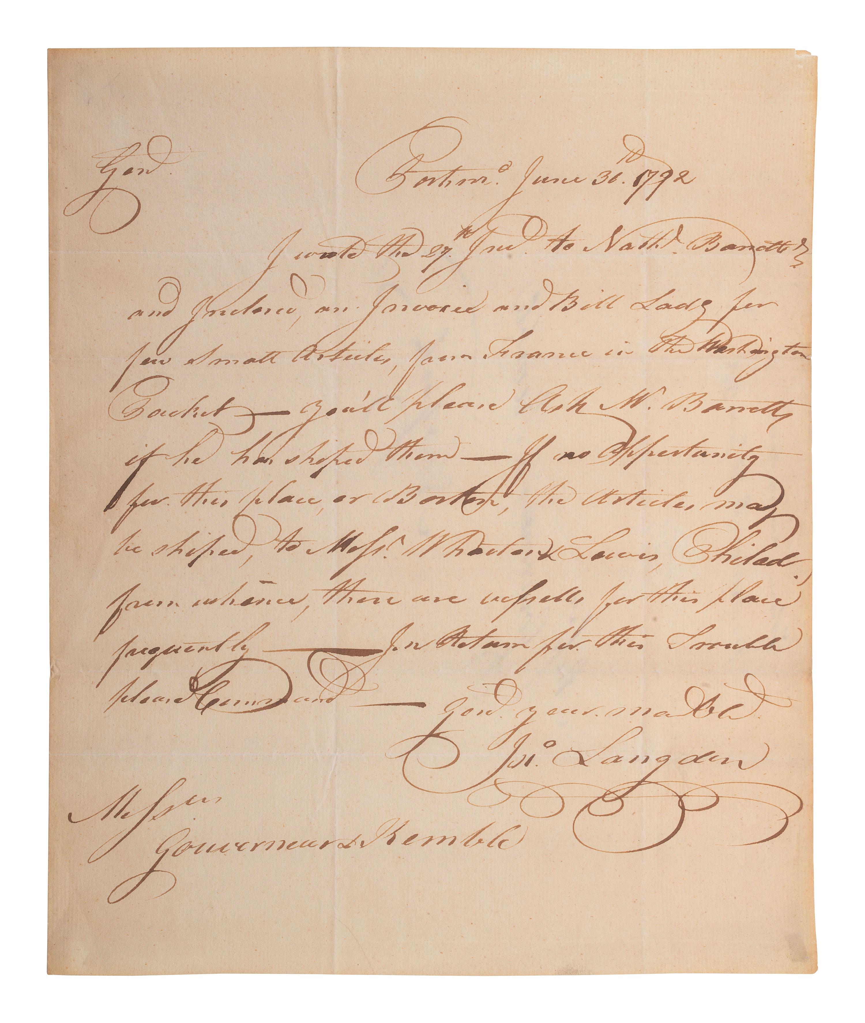 [SIGNER]. LANGDON, John (1741-1819). Autograph letter signed ("Jn. Langdon"), to Messrs. Gouverneur & Kemble. Portsmouth, 30 June 1792.
