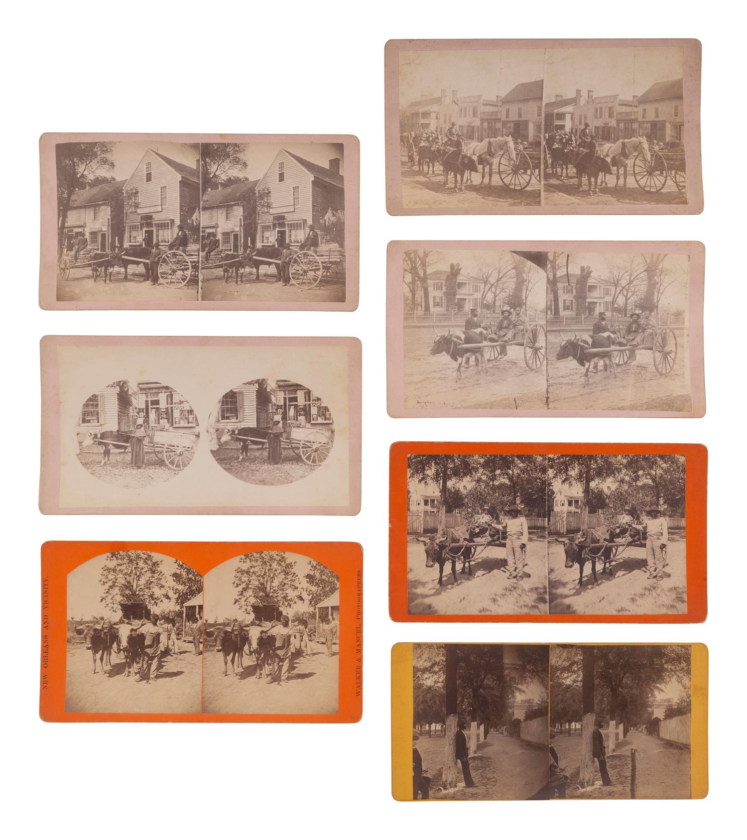 [EARLY PHOTO.] 11 occupational stereoviews, many showing Black men and women with ox-drawn carts.