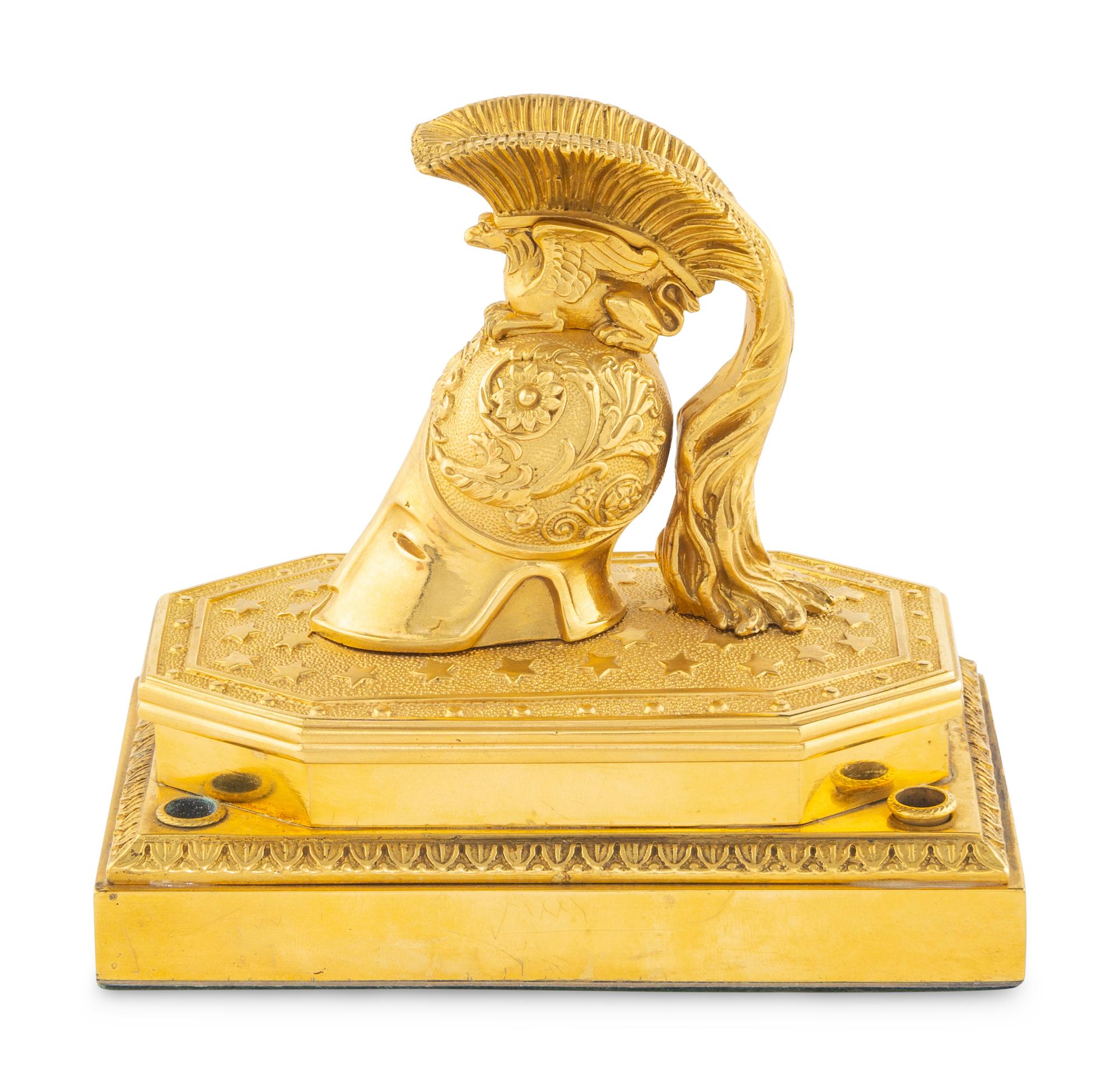 An Empire Gilt Bronze Inkwell with Helmet-Form Cover