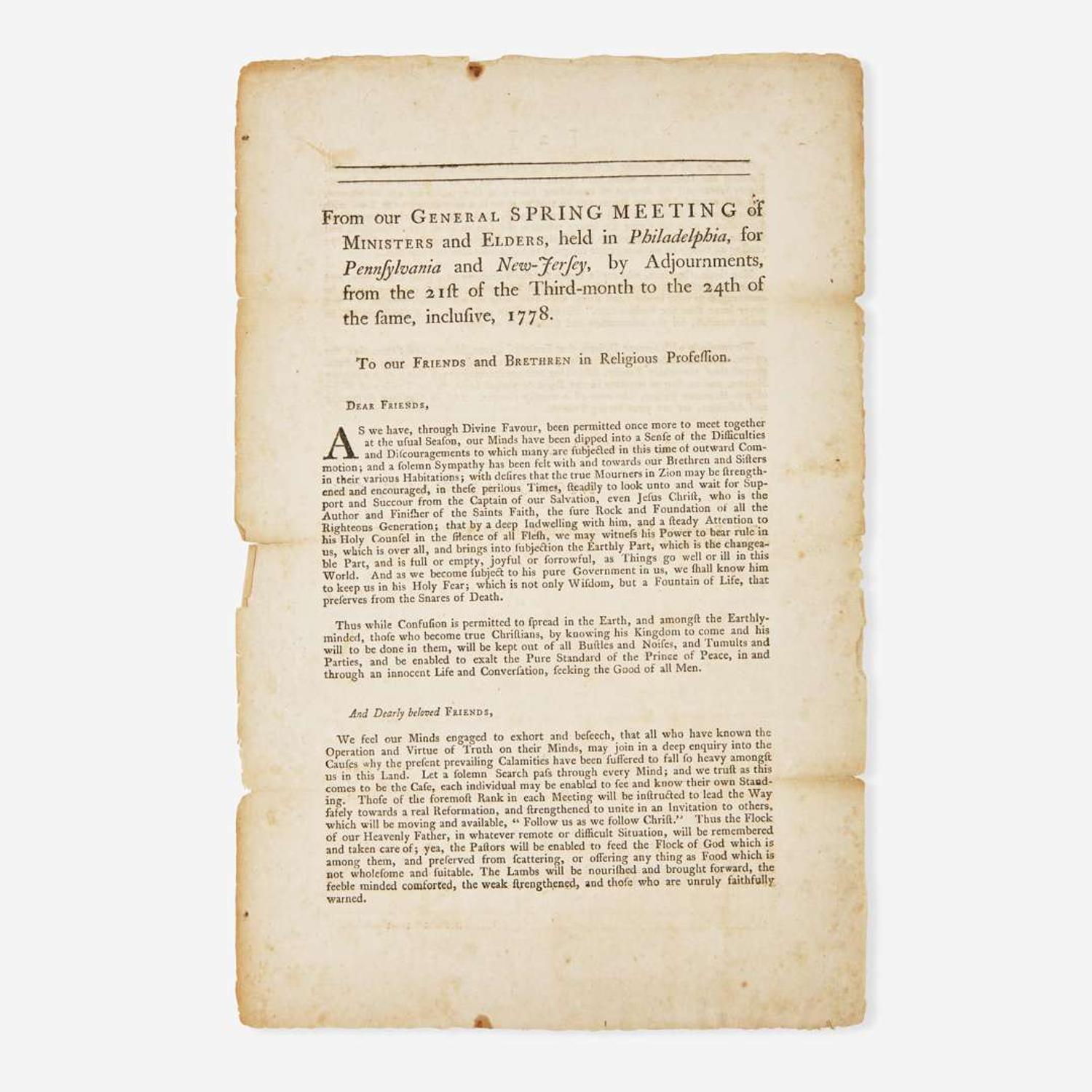 [Americana] [American Revolution] From our General Spring Meeting of Ministers and Elders, held in Philadelphia, for Pennsylvania and New-Jersey...from the 21st of the Third-month to the 24th of the same, inclusive, 1778