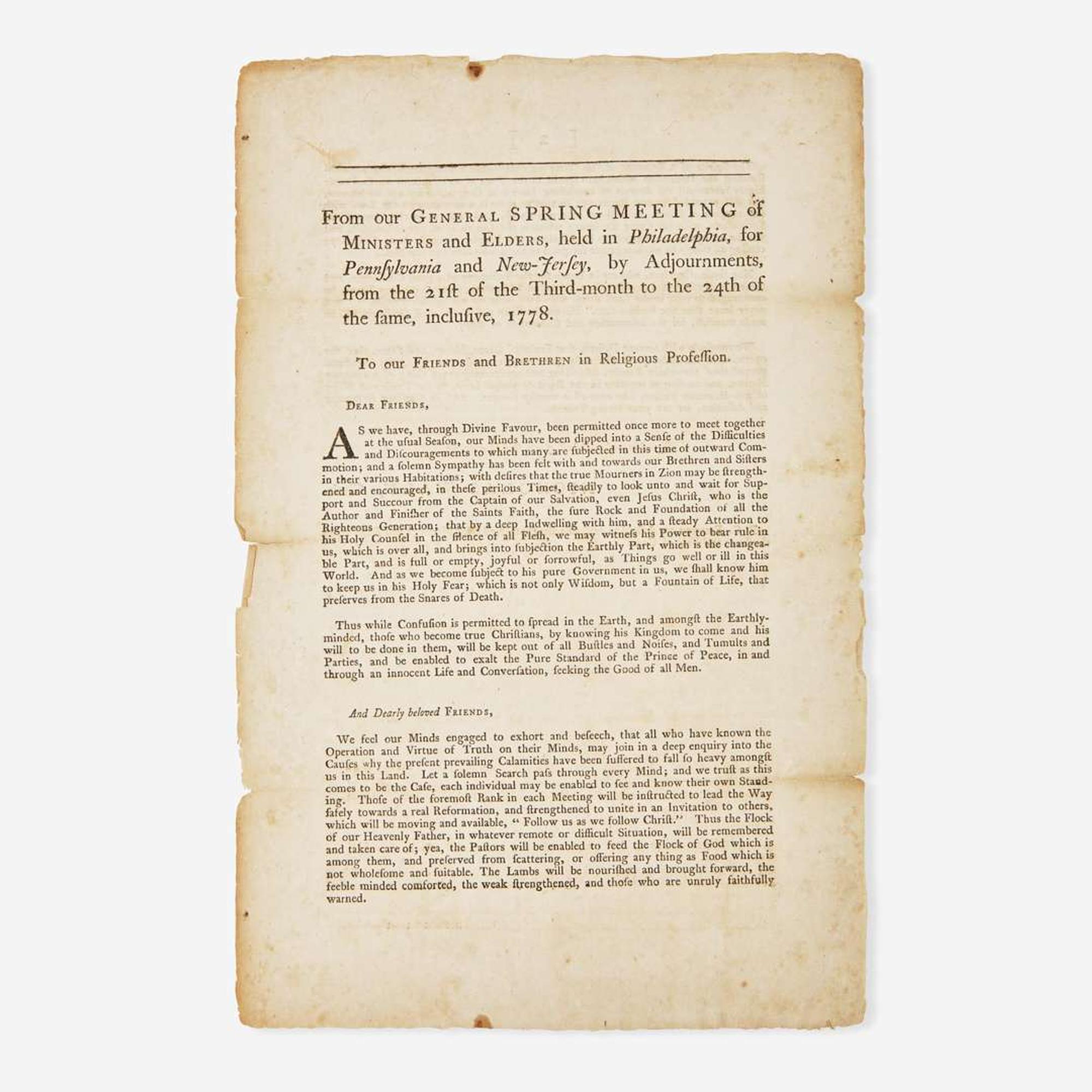 [Americana] [American Revolution] From our General Spring Meeting of Ministers and Elders, held in Philadelphia, for Pennsylvania and New-Jersey...from the 21st of the Third-month to the 24th of the same, inclusive, 1778