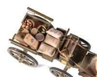 A Carved and Painted Wood Wagon with Stuffed Horse Pull Toy