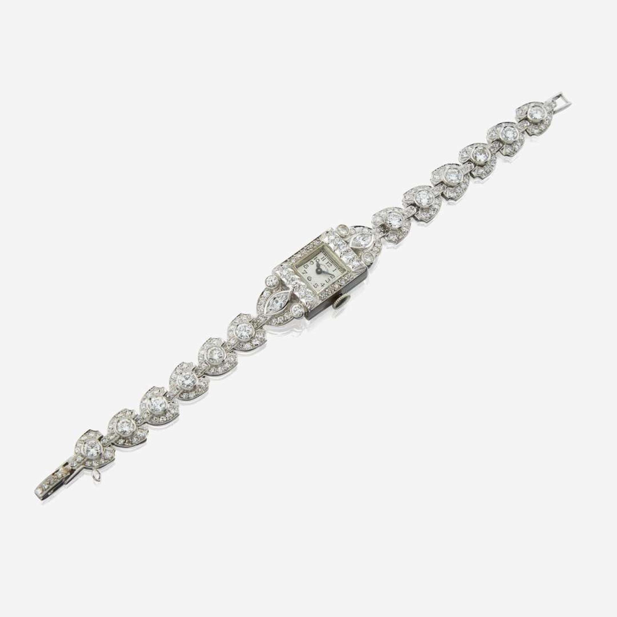 An Art Deco lady's diamond and platinum bracelet watch, Hamilton