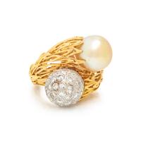 CULTURED PEARL AND DIAMOND BYPASS RING