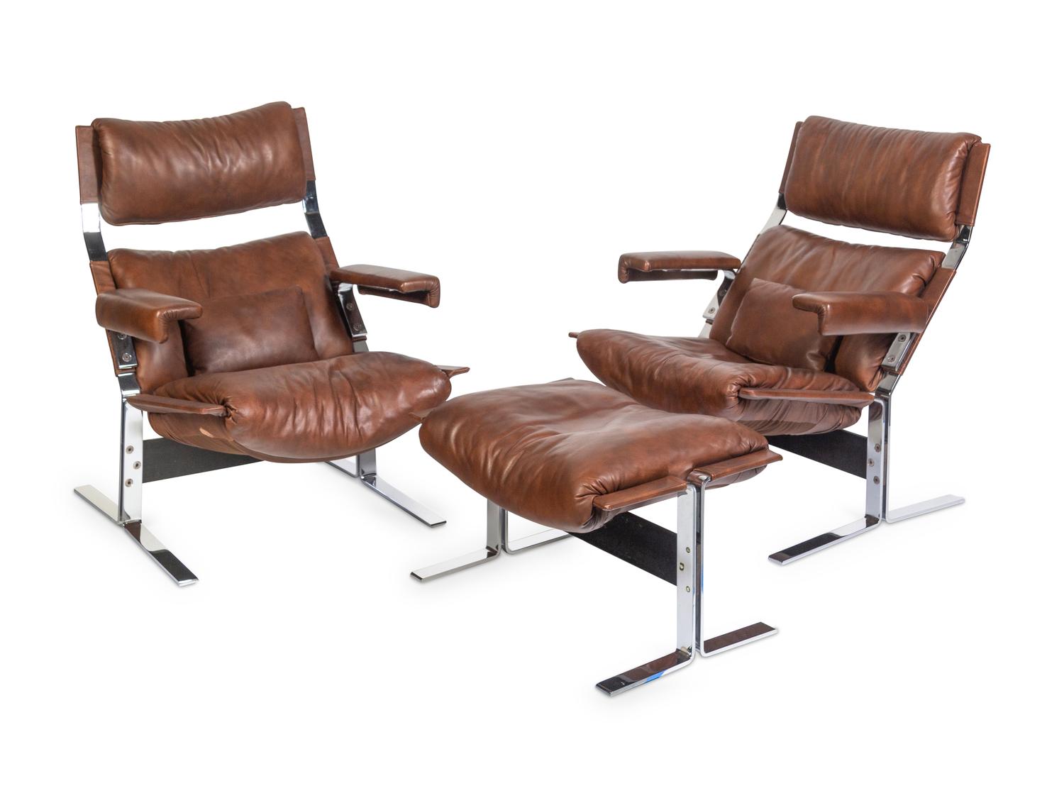 Pair of Lounge Chairs with Ottoman