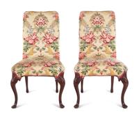 A Pair of Queen Anne Style Side Chairs with Chintz Upholstery