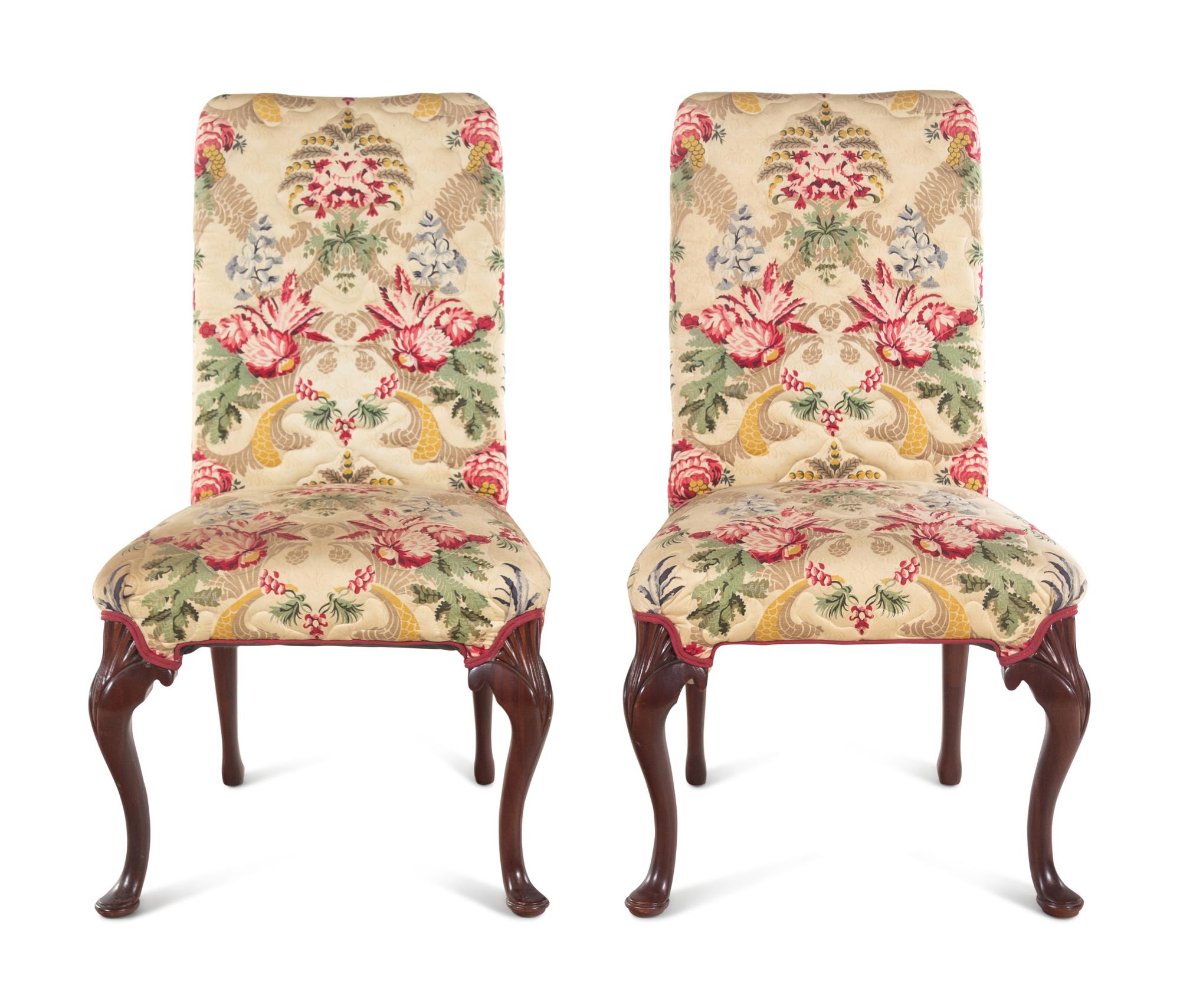A Pair of Queen Anne Style Side Chairs with Chintz Upholstery