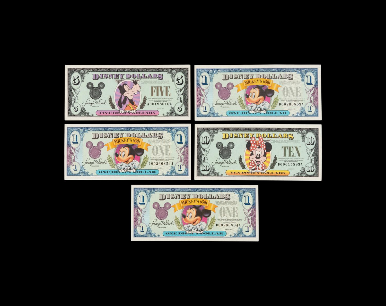 [DISNEY DOLLARS] A Group of Five Uncirculated Series 1993 Notes