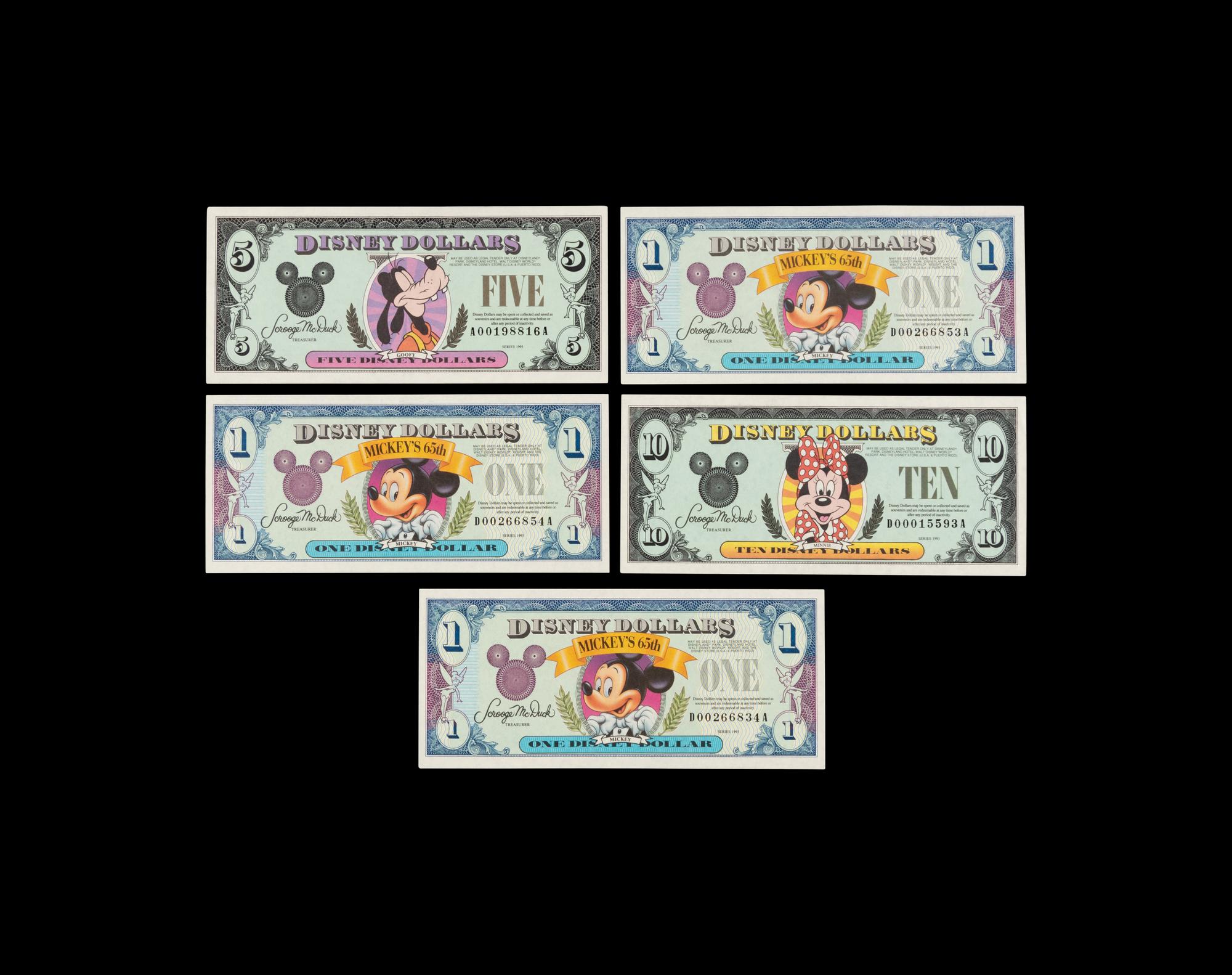 [DISNEY DOLLARS] A Group of Five Uncirculated Series 1993 Notes