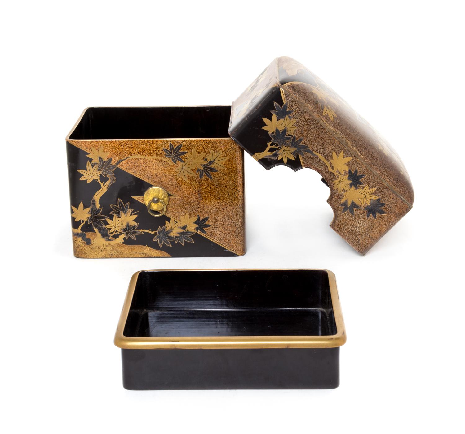 A Gold and Black Lacquer Hand Box, Tebako Height 5 1/2 x width 6 1/4 x depth 5 3/4 inches.