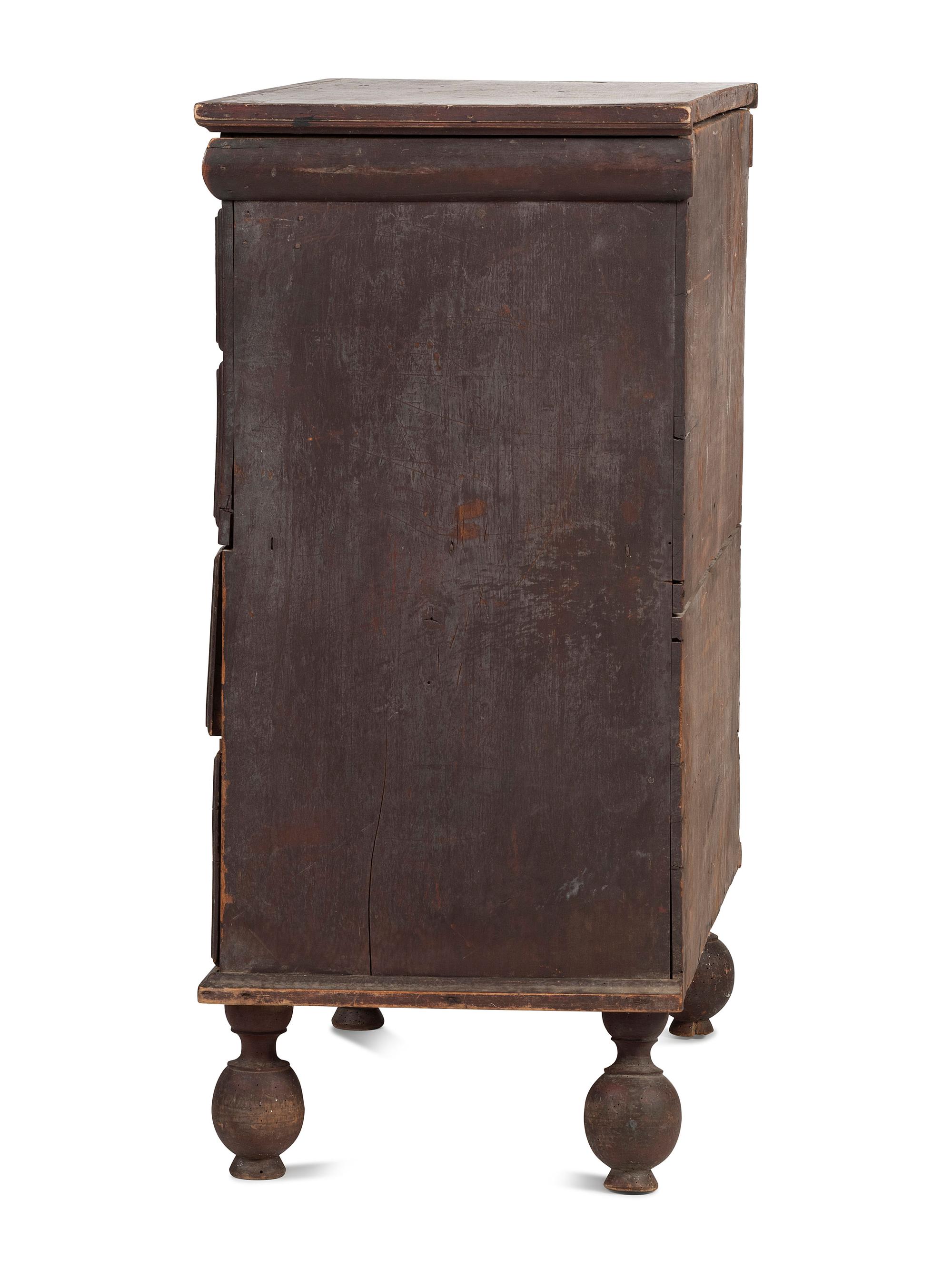 A Rare William and Mary Brown Painted Poplar, Cherrywood, and Pine Two-Drawer Blanket Chest