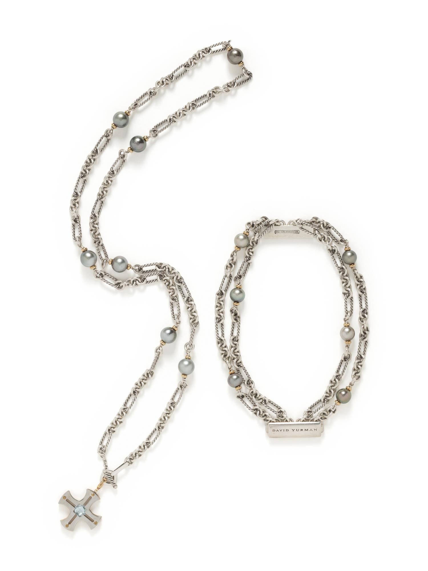 DAVID YURMAN, YELLOW GOLD, SILVER, AND CULTURED TAHITIAN PEARL BRACELET AND NECKLACE