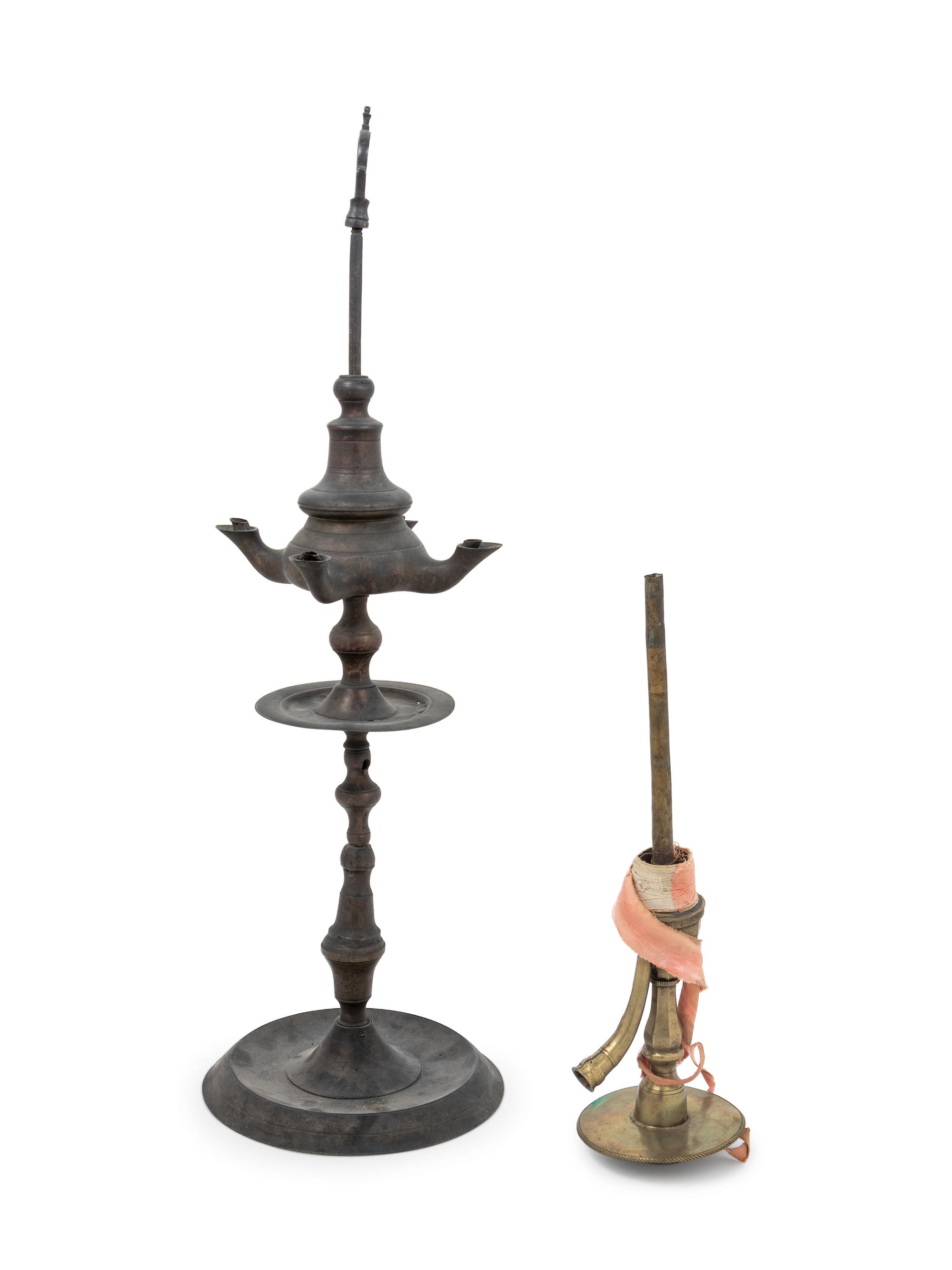 A Brass Lamp and a Brass Pipe Base with a Turkish Carved Pine Pipe