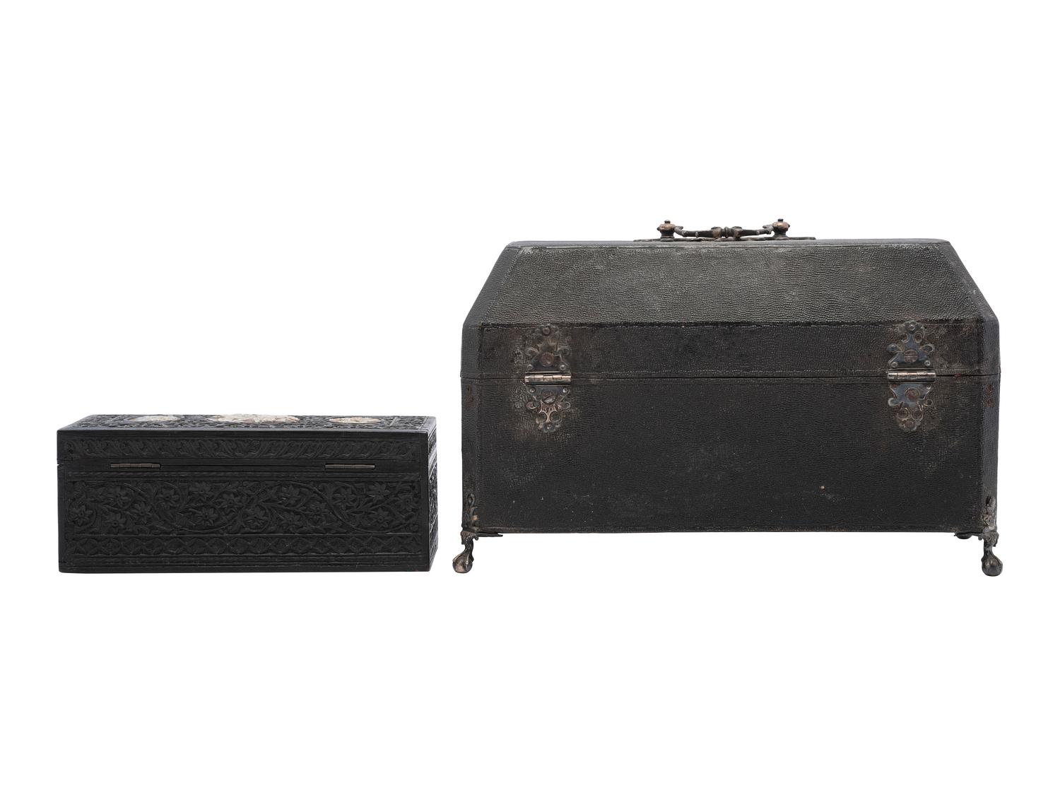 A Georgian Shagreen Silver Mounted Tea Caddy and Carved Hardwood Box