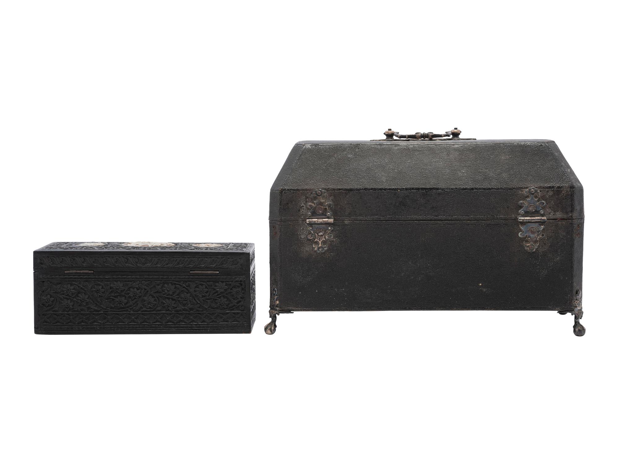 A Georgian Shagreen Silver Mounted Tea Caddy and Carved Hardwood Box