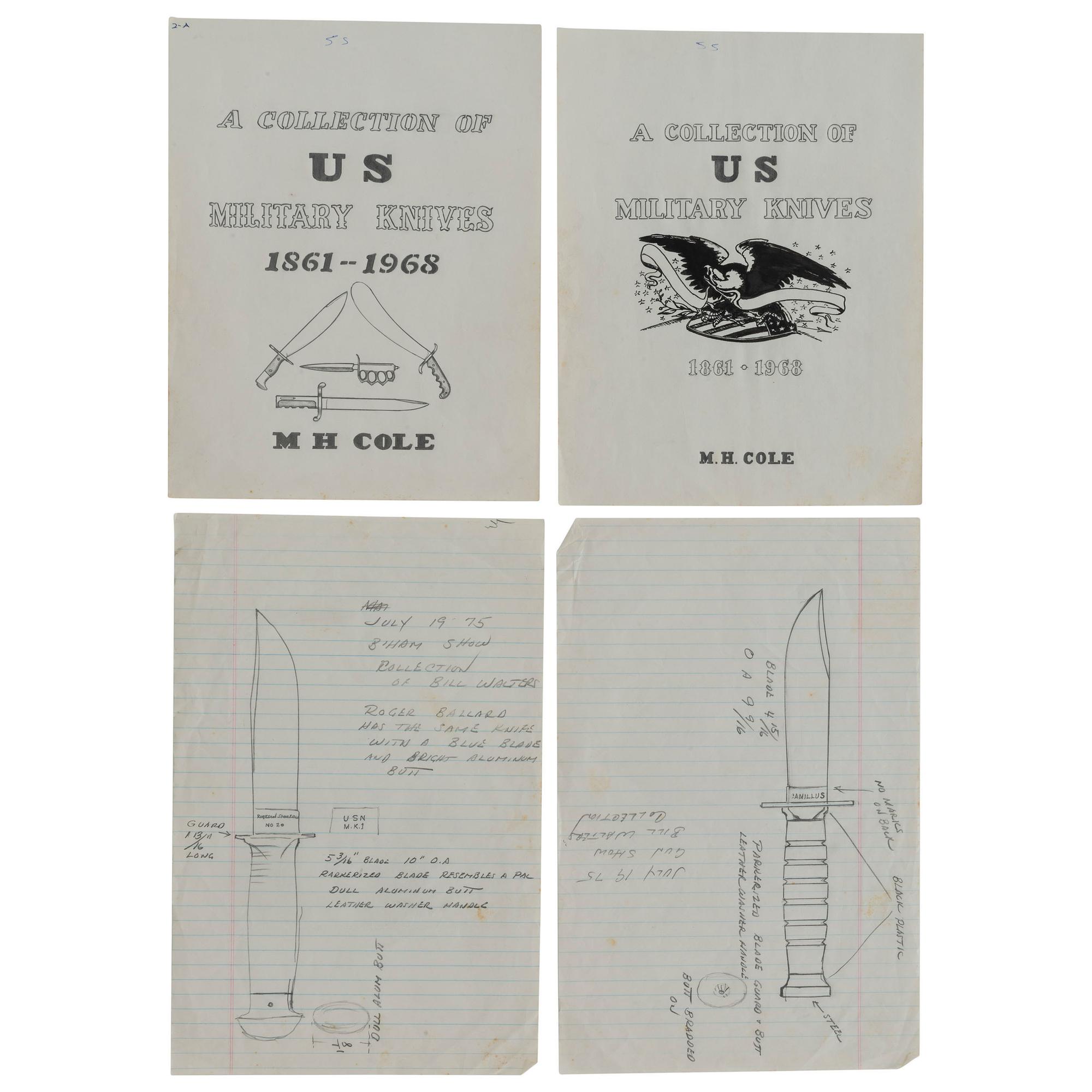 M.H. Cole Fighting Knife Archive with Two Cole Made Knives & Scabbards, Original Book Manuscript Drawings From Volumes III and IV as well as Additional Pre-Publication Paperwork