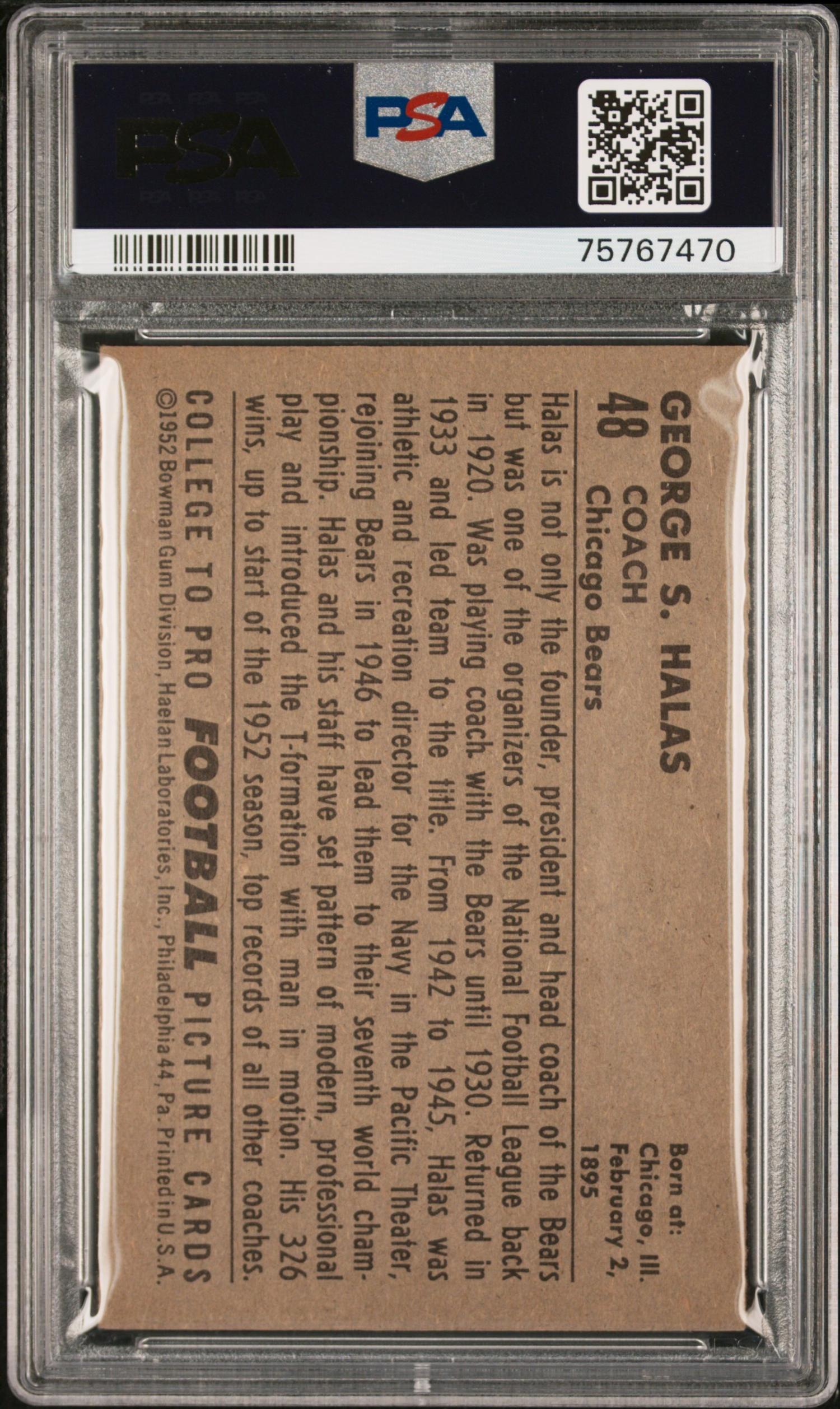 A 1952 Bowman Large George Halas Football Card No. 48 (PSA 6 EX-MT)