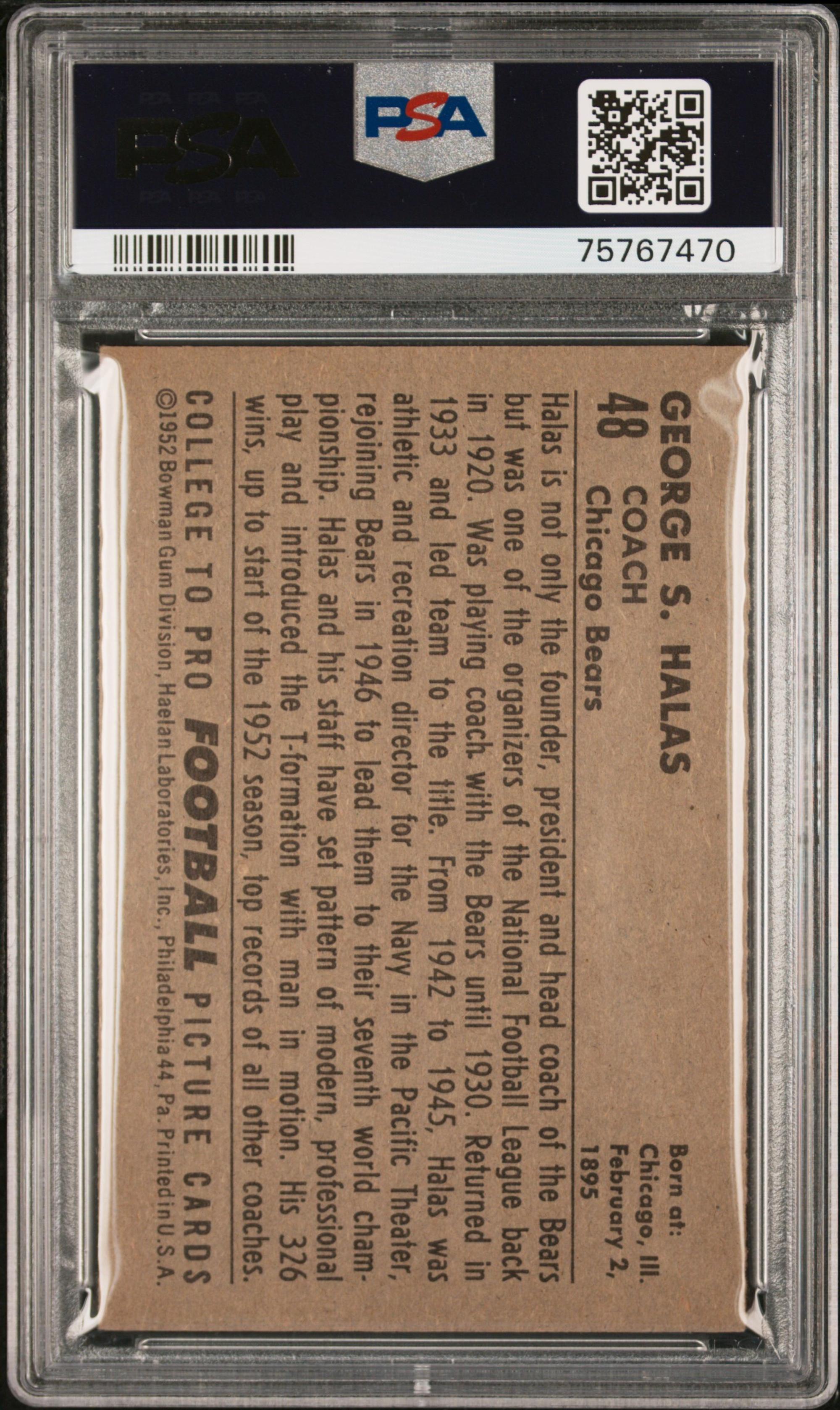 A 1952 Bowman Large George Halas Football Card No. 48 (PSA 6 EX-MT)