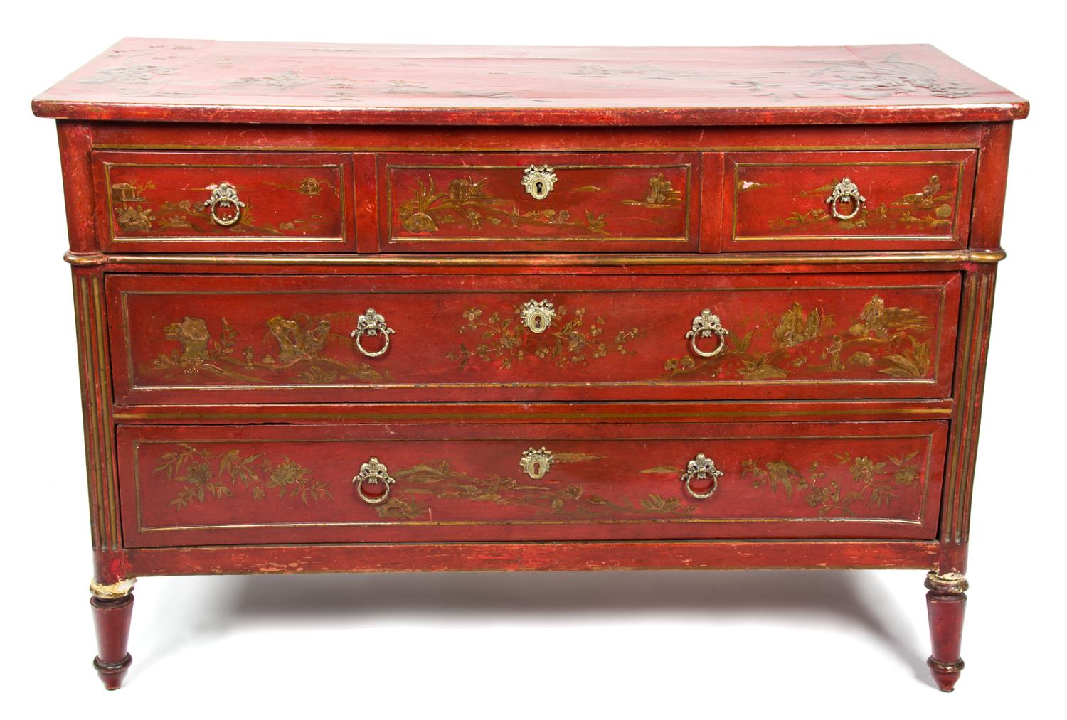 A Louis XVI Style Chinoiserie Red Lacquer and Gilded Commode Height 33 x width 48 x depth 20 inches. — 19TH CENTURY