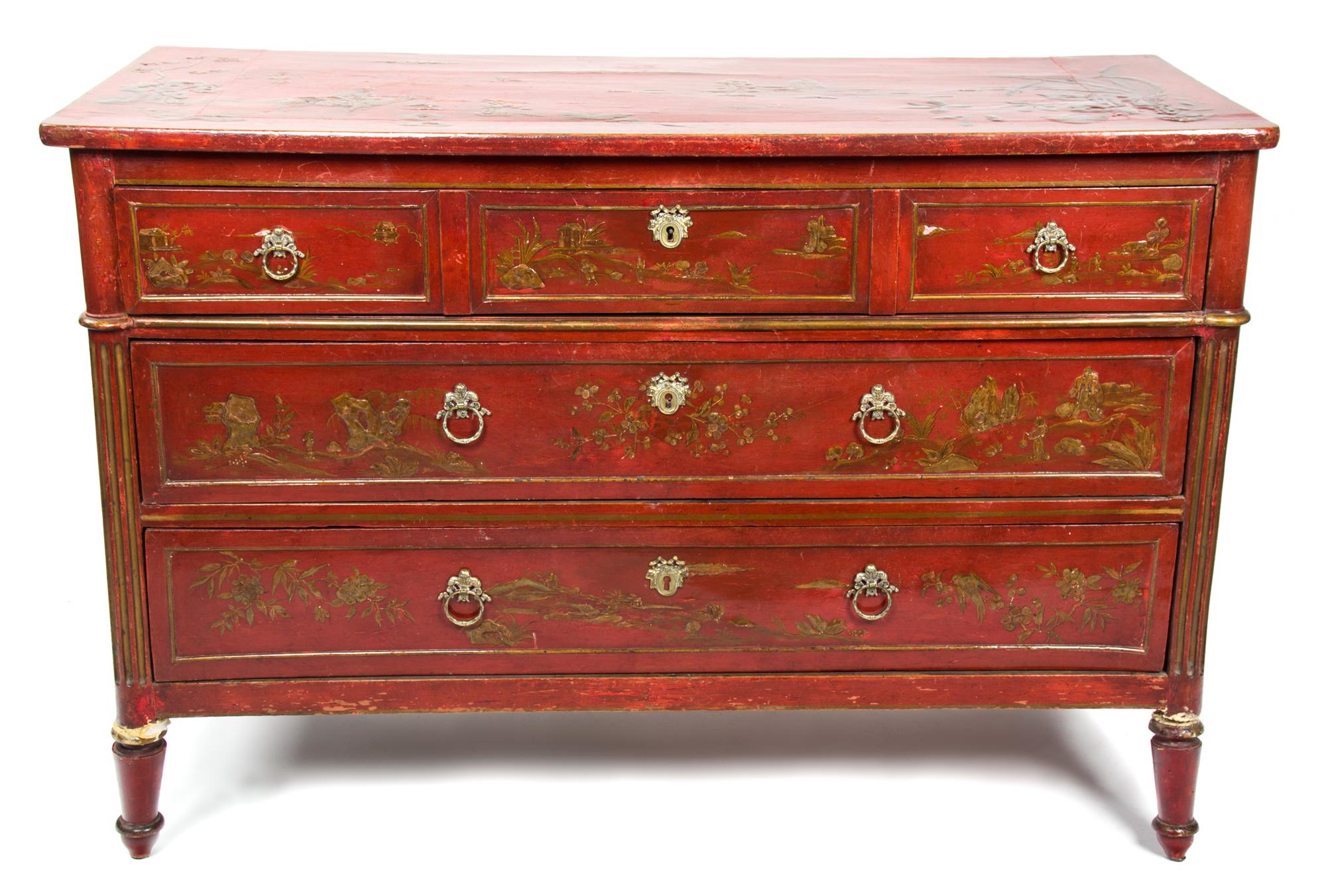A Louis XVI Style Chinoiserie Red Lacquer and Gilded Commode Height 33 x width 48 x depth 20 inches. — 19TH CENTURY