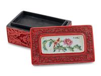 A Chinese Porcelain-Inset Red Lacquer Box
