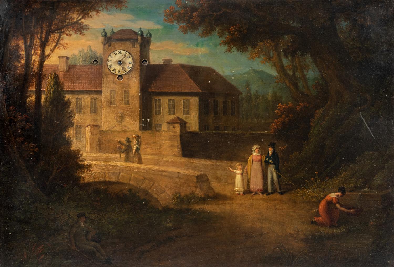 A Continental Oil on Copper Painting with an Inset Clock