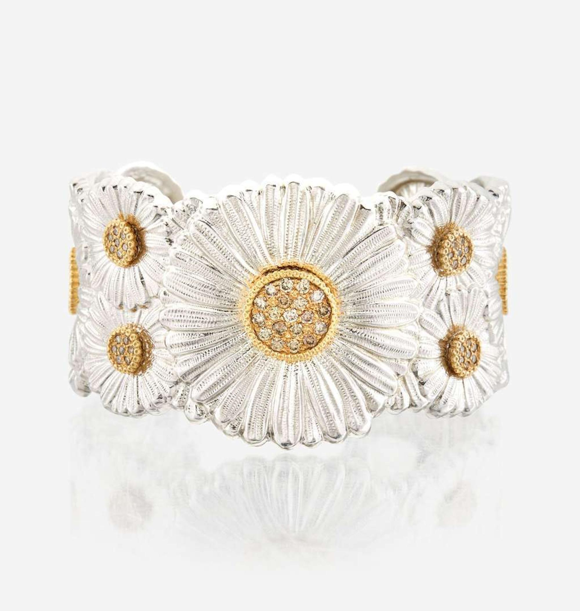 A Buccellati Sterling Silver, Vermeil, and Colored Diamond Cuff Bracelet Daisy