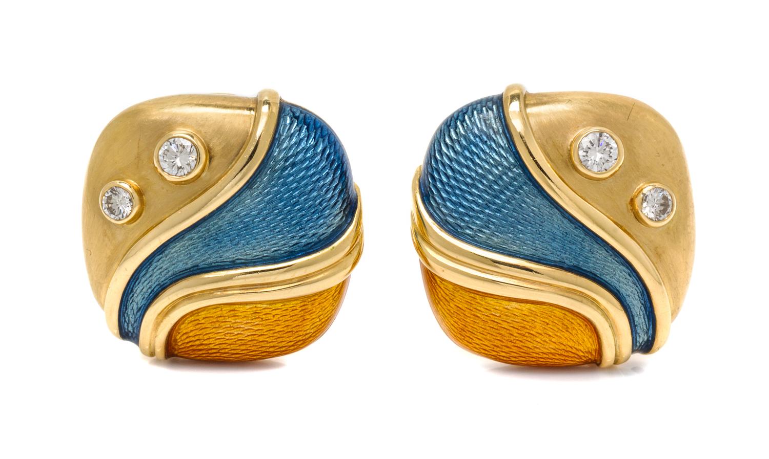 A Pair of 18 Karat Yellow Gold, Diamond and Polychrome Enamel Earclips, de Vroomen, 19.30 dwts.