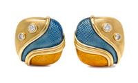 A Pair of 18 Karat Yellow Gold, Diamond and Polychrome Enamel Earclips, de Vroomen, 19.30 dwts.