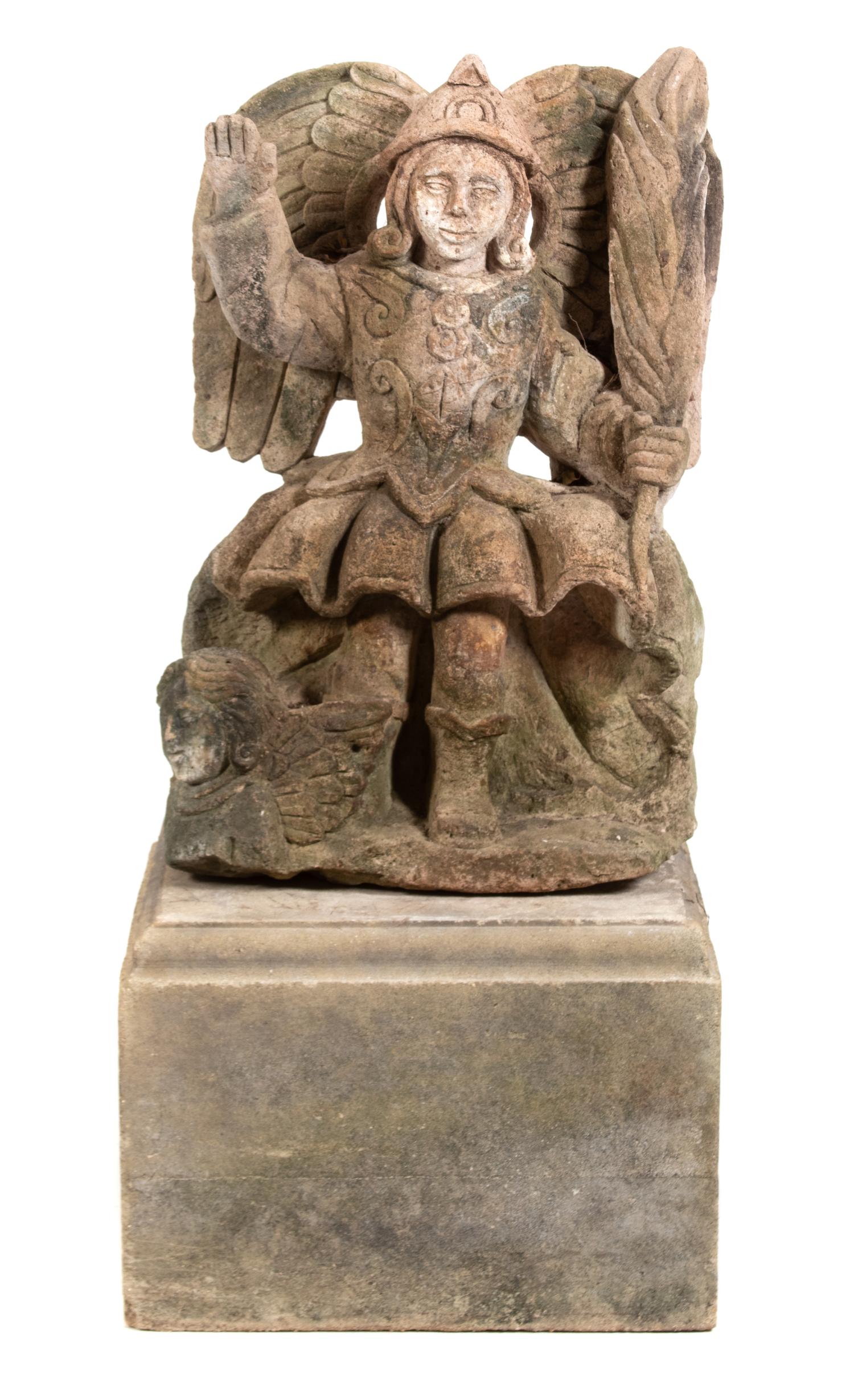 A Sculpture of Saint Michael Height 32 x width 21 x depth 14, with base 47 1/2 inches. — 18TH CENTURY