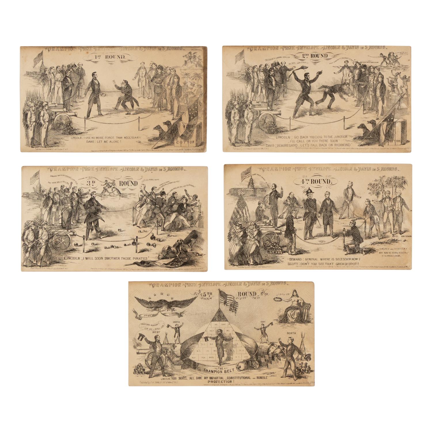 [LINCOLN, Abraham (1809-1865)]. A complete set of "Champion Prize Envelope Lincoln & Davis in 5 Rounds." New York: J.H. Tingley, 1861.