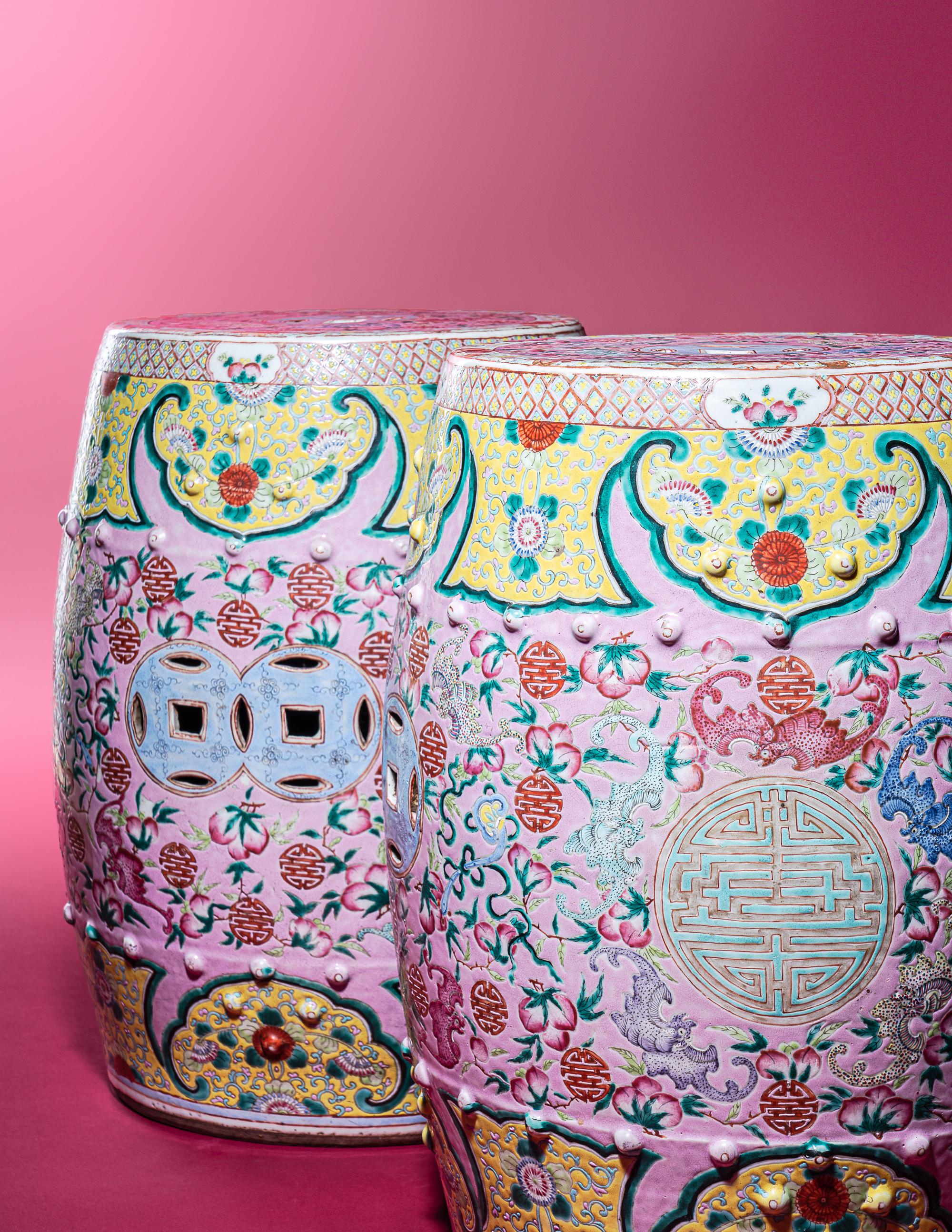 A Pair of Famille Rose Porcelain 'Longevity' Garden Stools