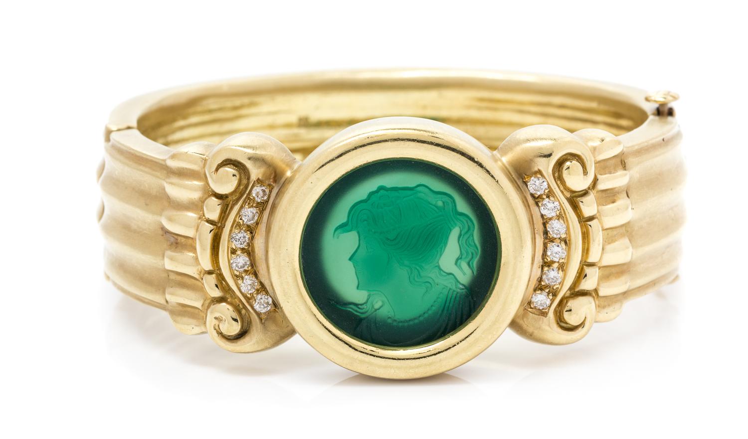A Yellow Gold, Diamond and Glass Intaglio Bracelet, 70.80 dwts.