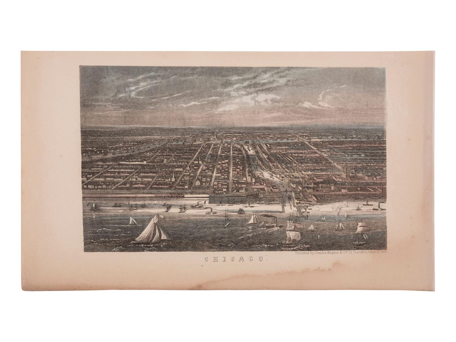 [CHICAGO]. A large group of press photographs, stereoviews, snapshots, and a bird's-eye view engraving.
