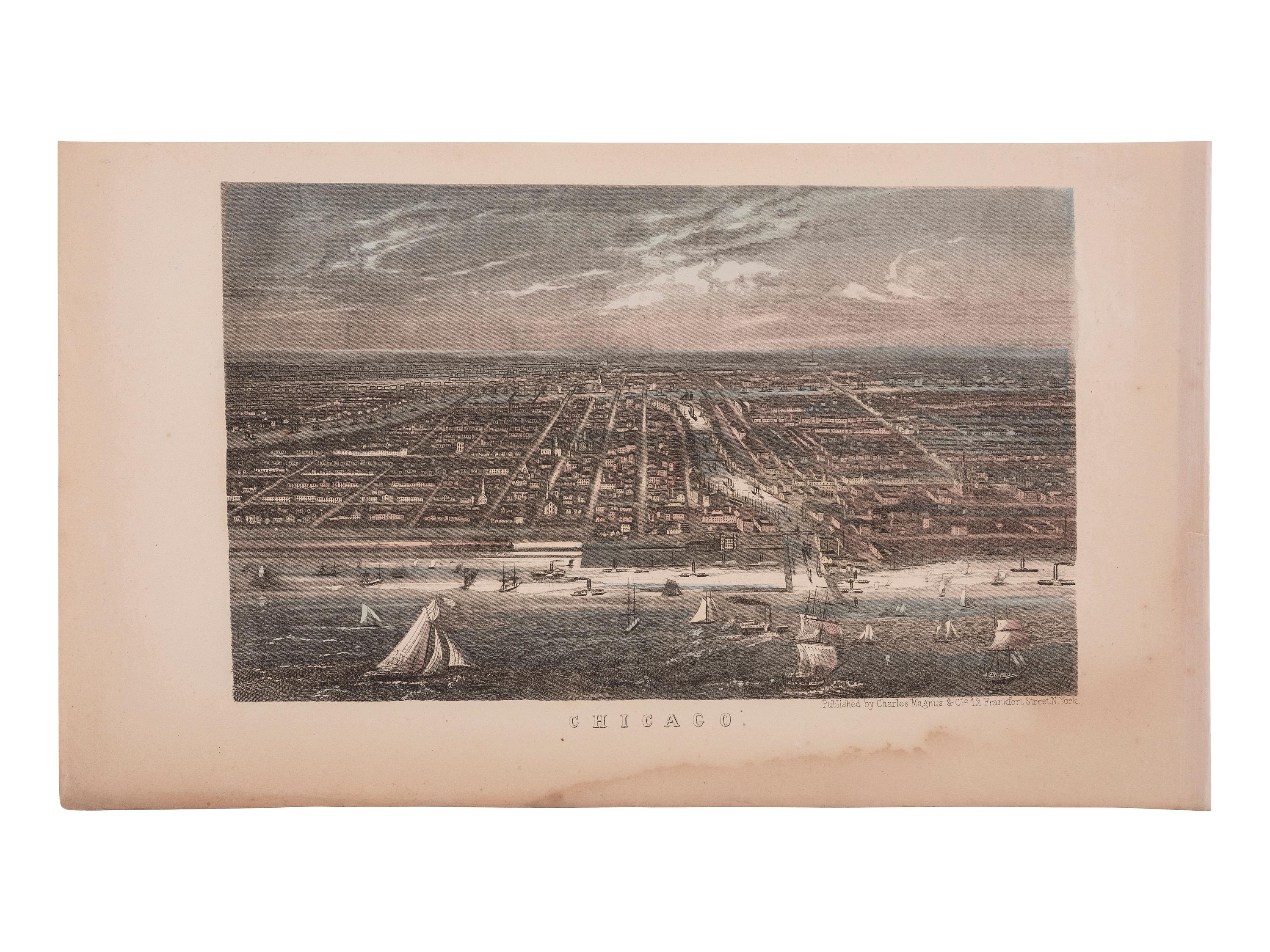 [CHICAGO]. A large group of press photographs, stereoviews, snapshots, and a bird's-eye view engraving.