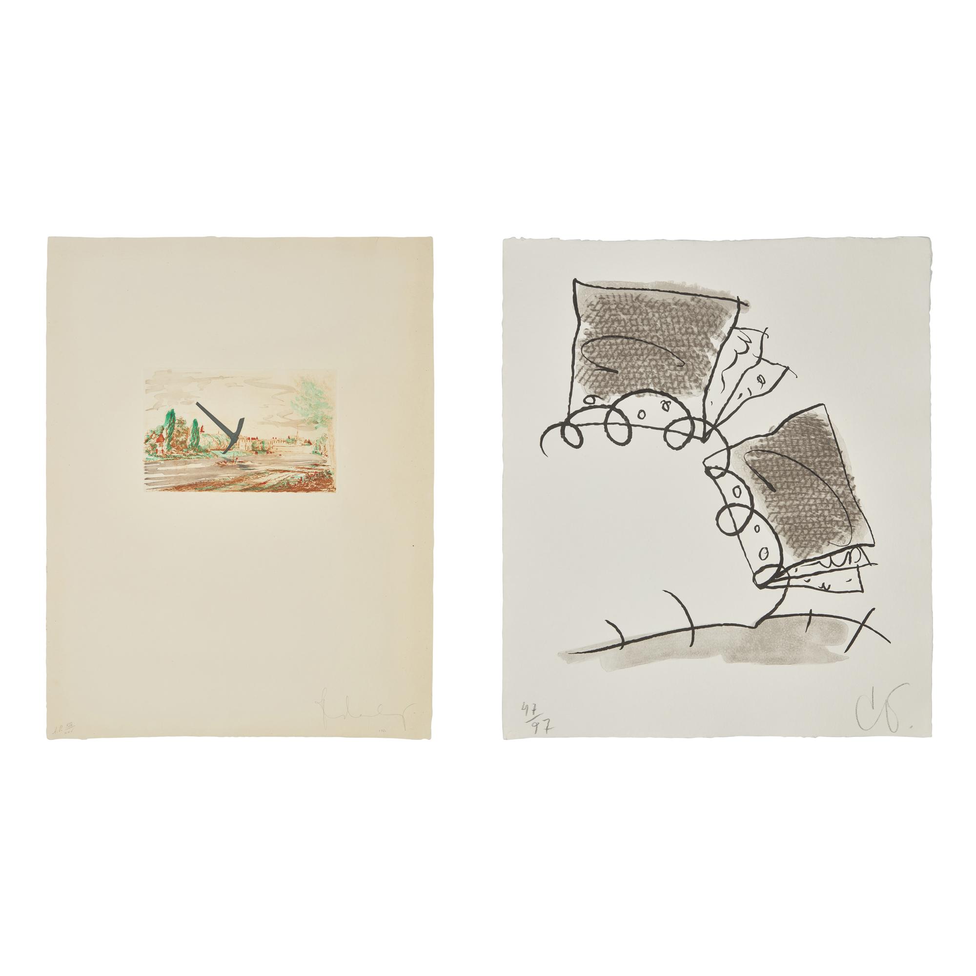 Claes Oldenburg (American, 1929-2022) — A pair of prints (The Spitzhacke, 1982, Superimposed on a Drawing of the Site by Emil Ludwig Grimm, 1822, 1982; Notebook Torn in Half , 1997)