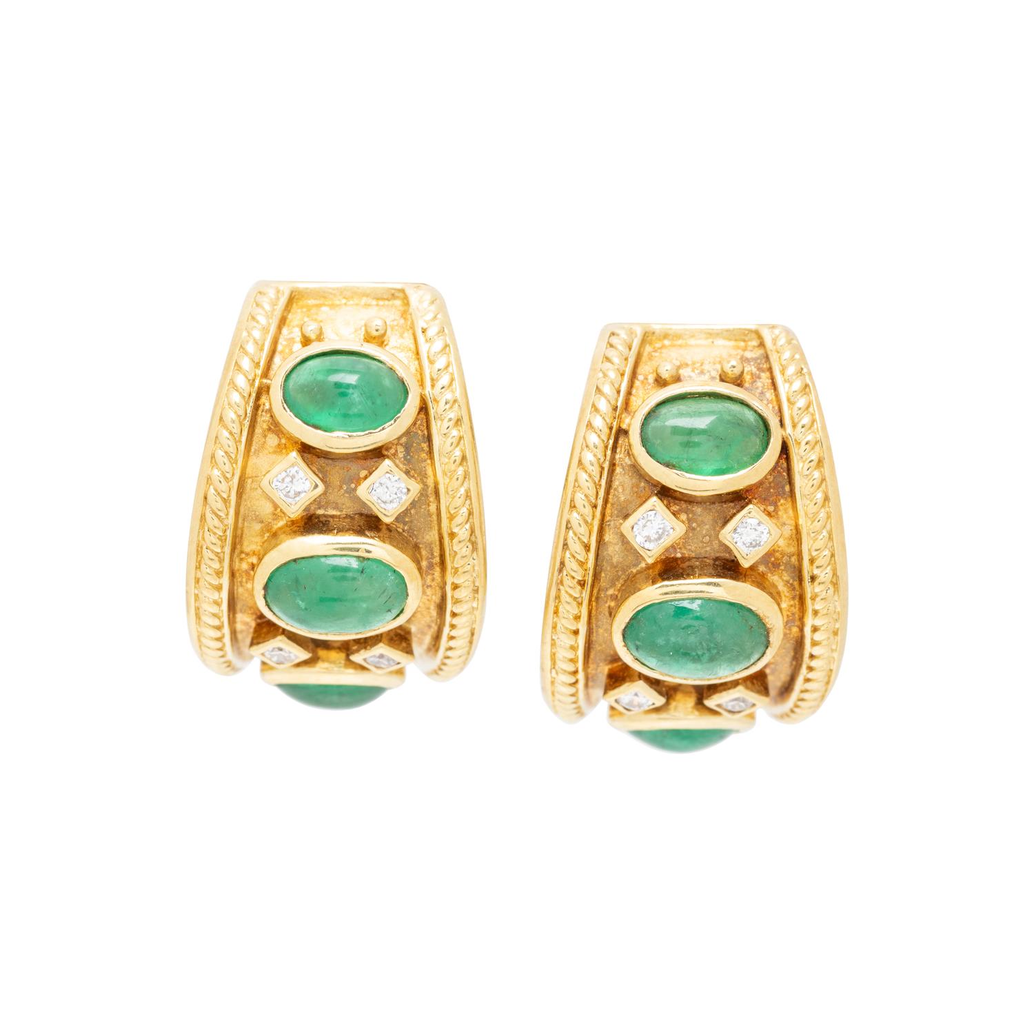YELLOW GOLD, EMERALD, AND DIAMOND EARRINGS