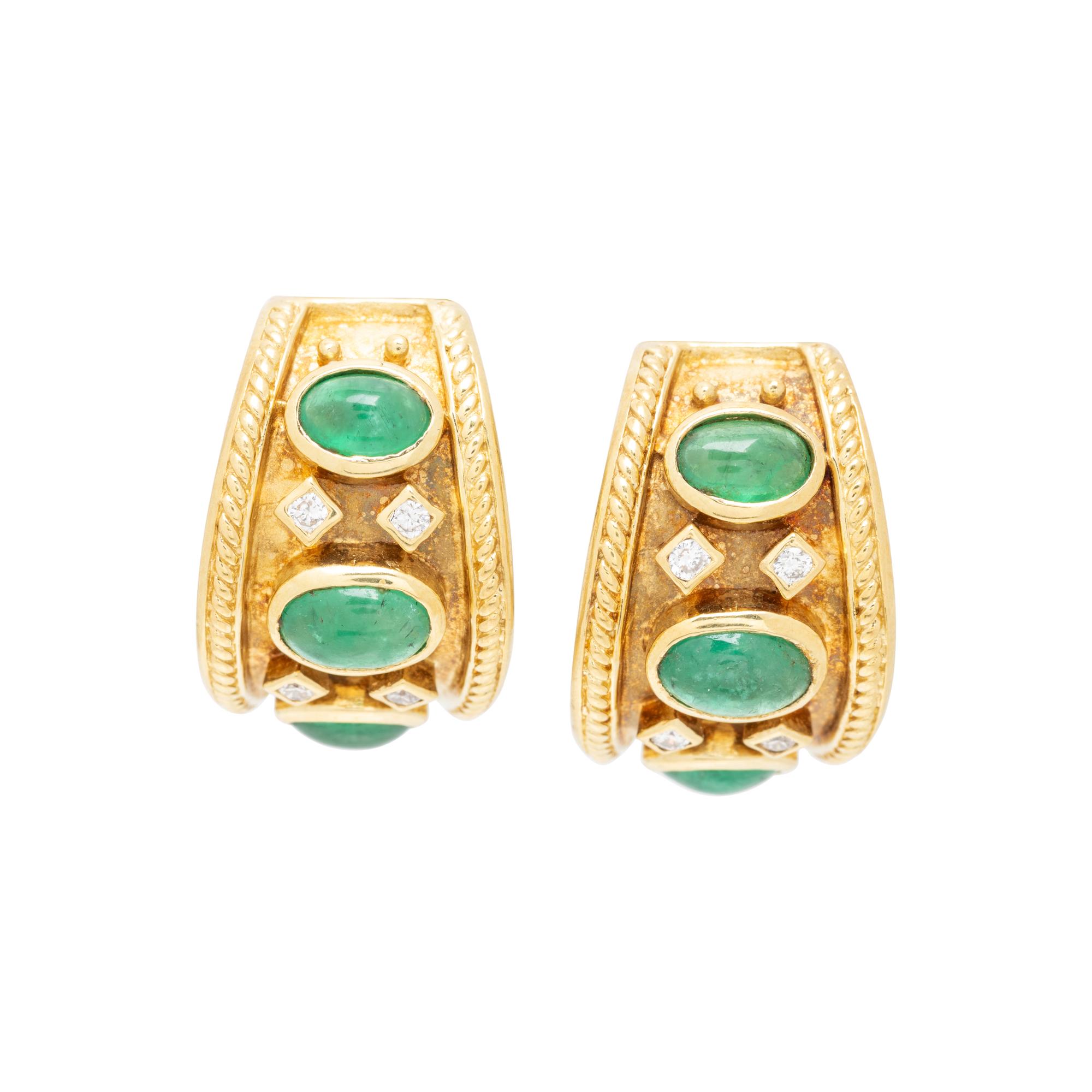 YELLOW GOLD, EMERALD, AND DIAMOND EARRINGS