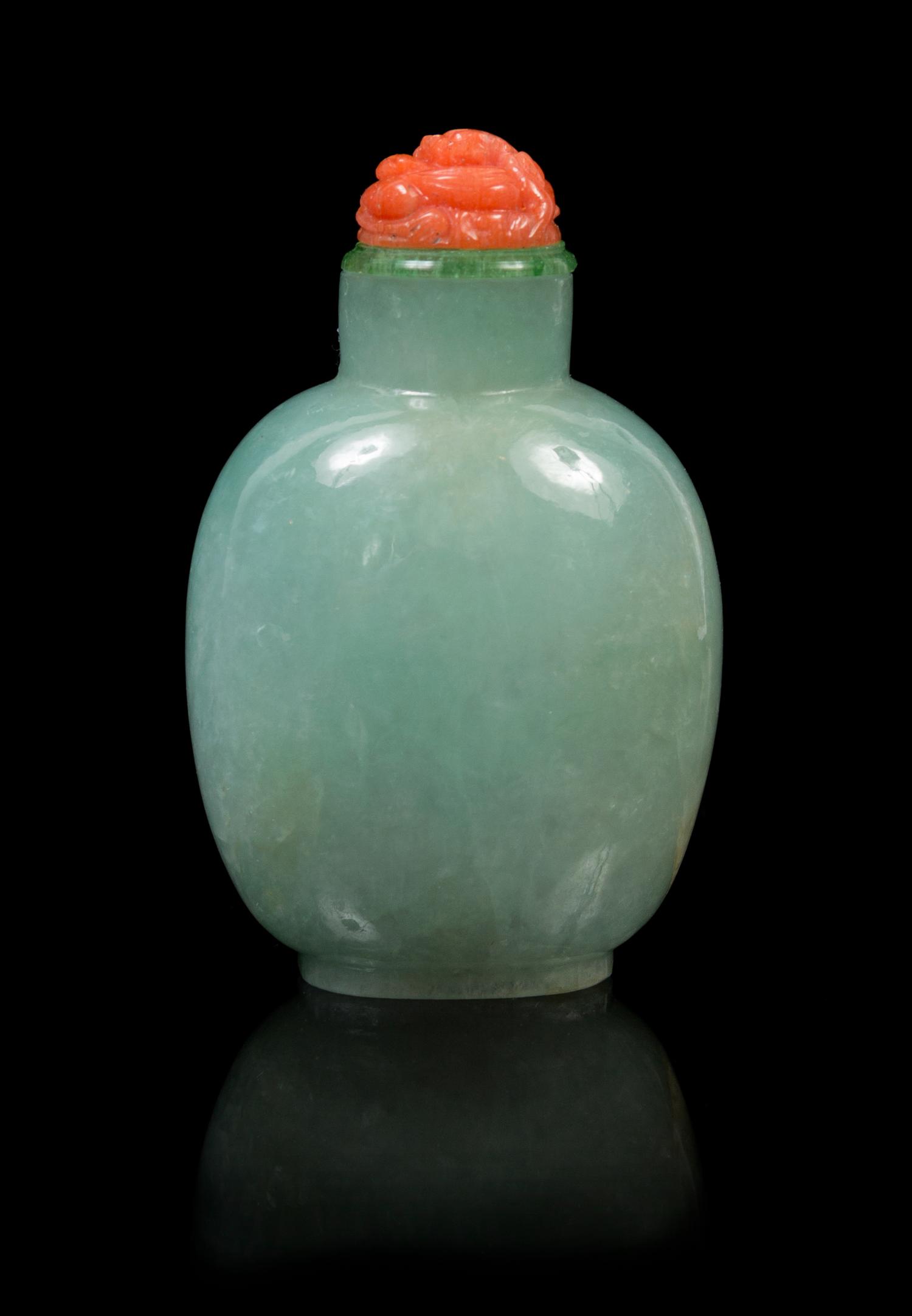 A Chinese Jadeite Snuff Bottle 19TH CENTURY Height 2 7/8 inches. — 19TH CENTURY
