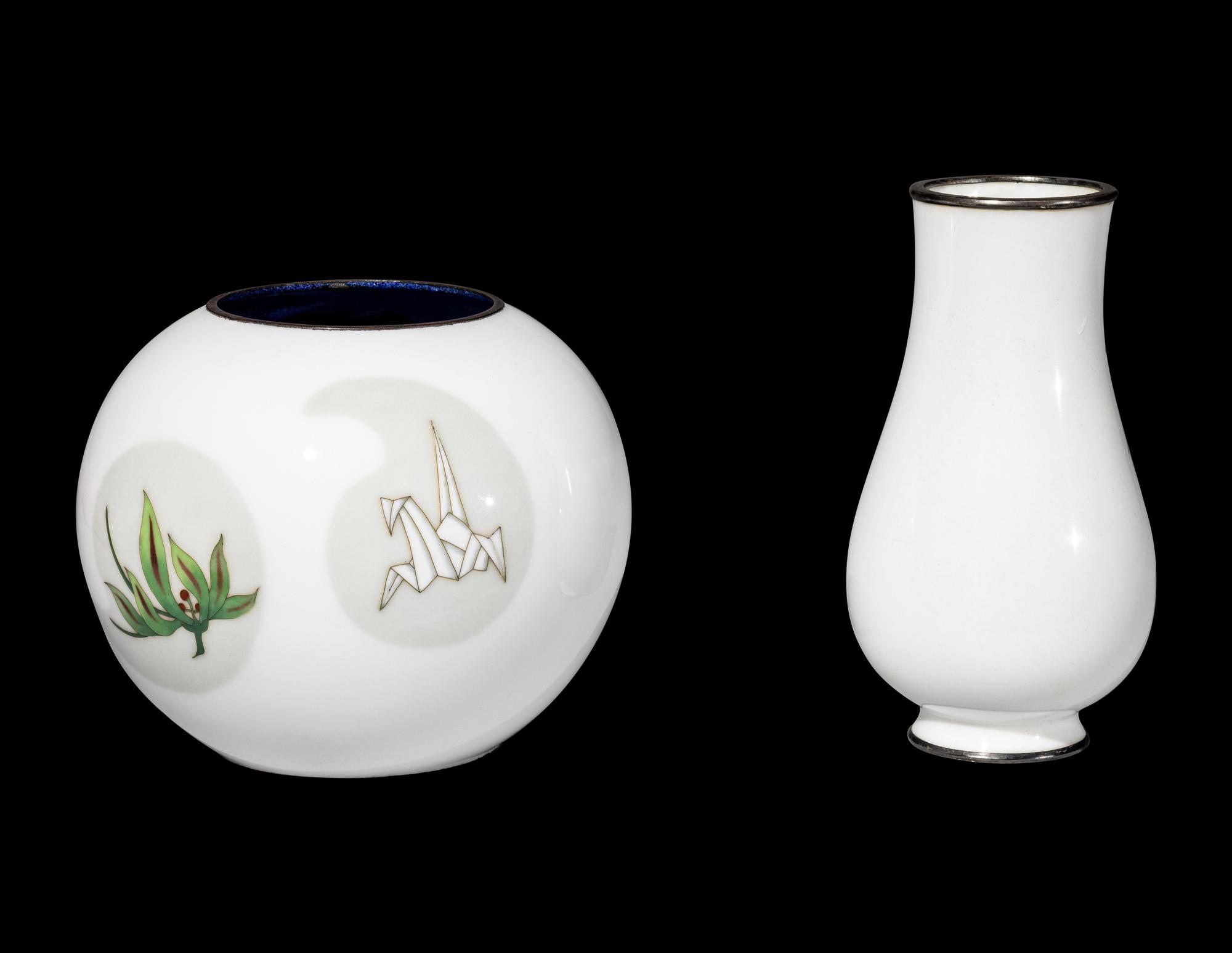 Two Japanese White Ground Cloisonné Enamel Vases
