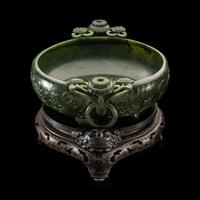 A Chinese Carved Spinach Jade Marriage Bowl, Late Qing/Republic Period 晚清/民國 碧玉雙魚活環洗